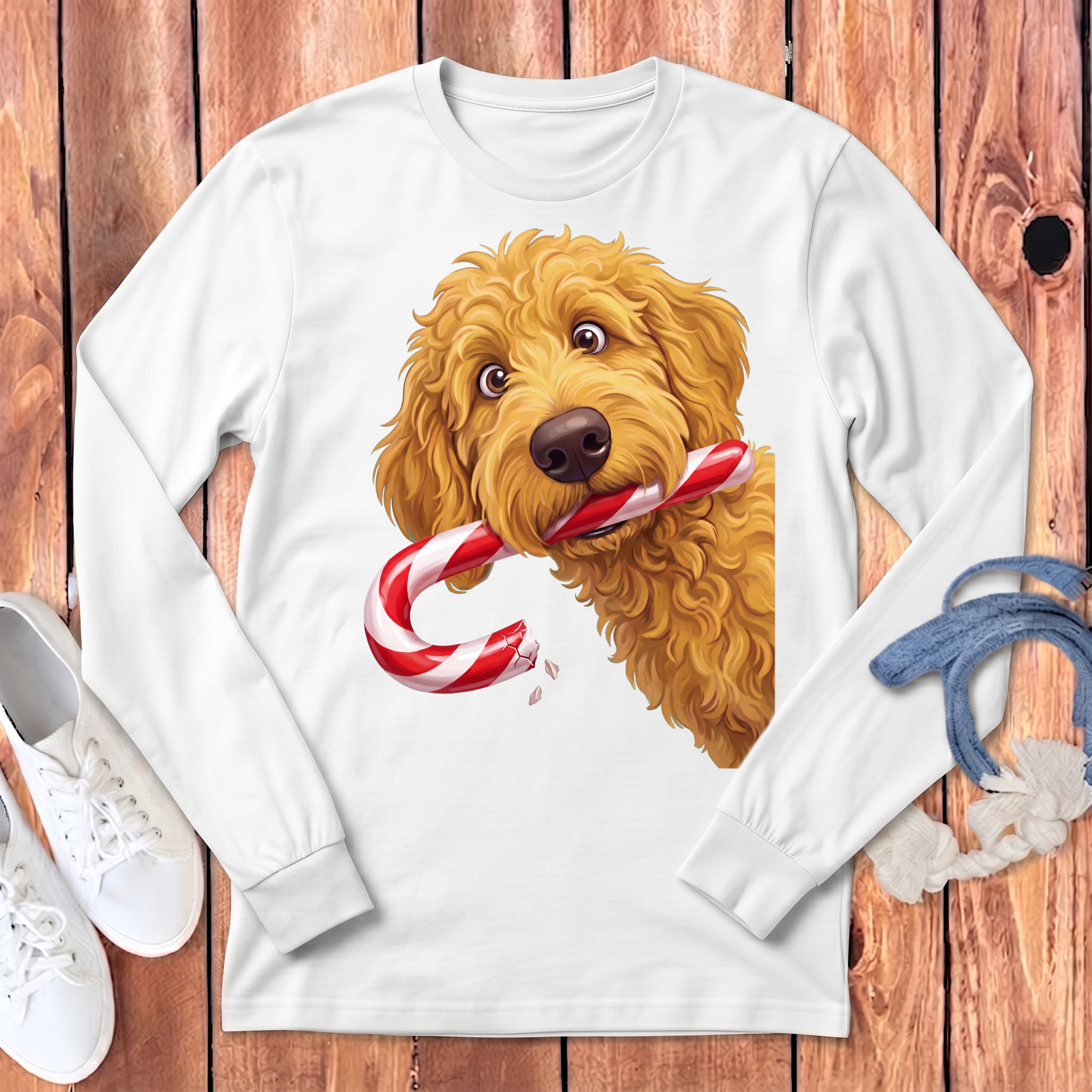 Golden Goldendoodle Candy Cane Thief Long Sleeve T-Shirt in White / S by Puppy Jo