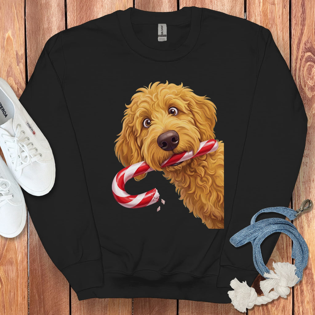 Golden Goldendoodle Candy Cane Thief Sweatshirt in Black / S by Puppy Jo