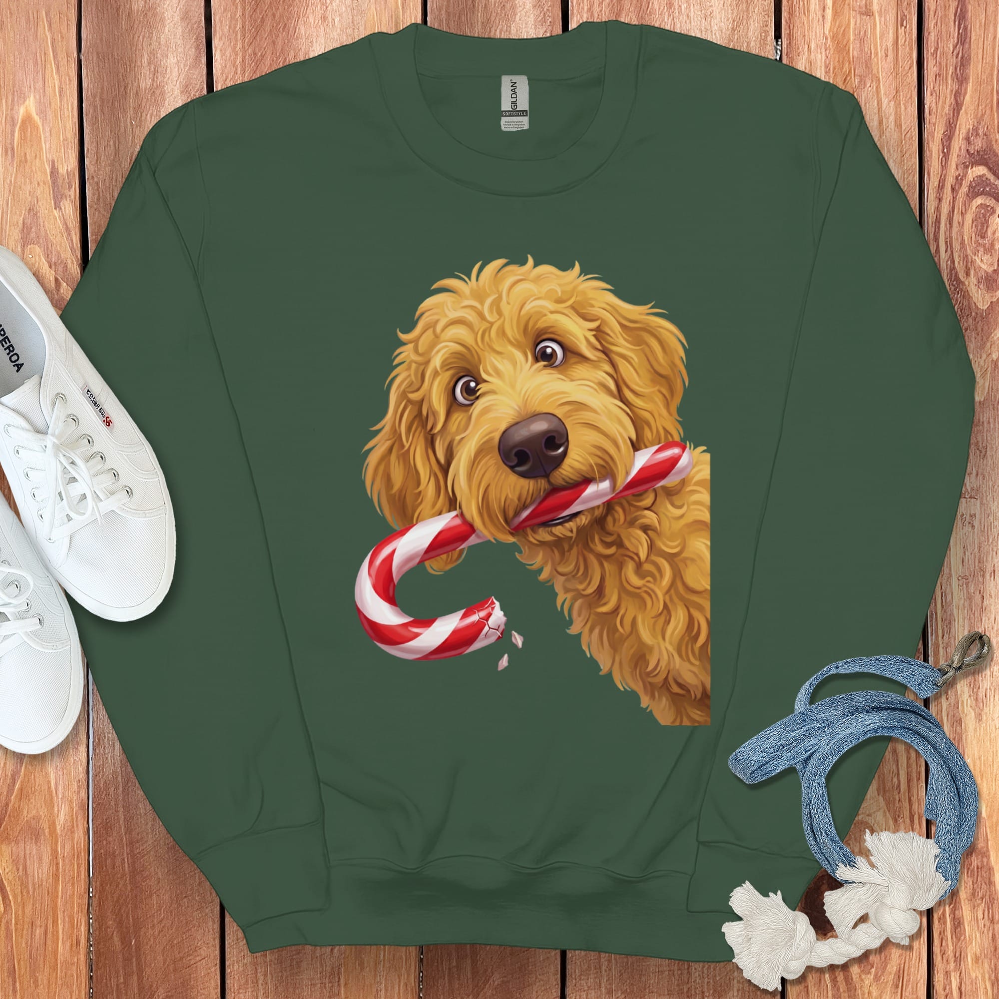 Golden Goldendoodle Candy Cane Thief Sweatshirt in Forest Green / S by Puppy Jo