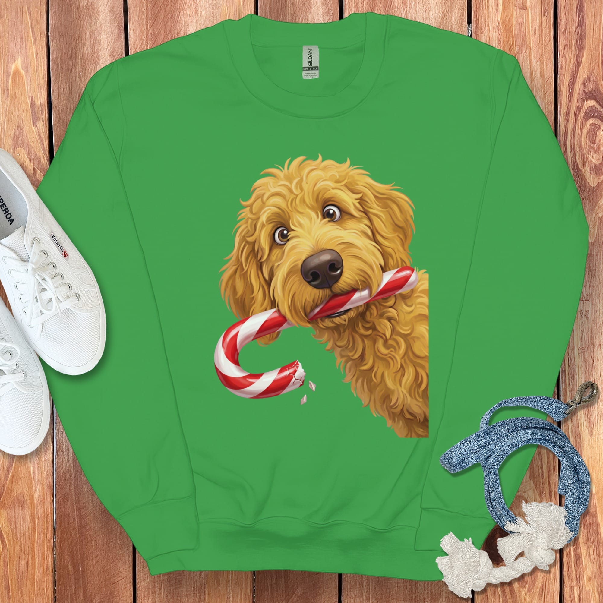 Golden Goldendoodle Candy Cane Thief Sweatshirt in Irish Green / S by Puppy Jo