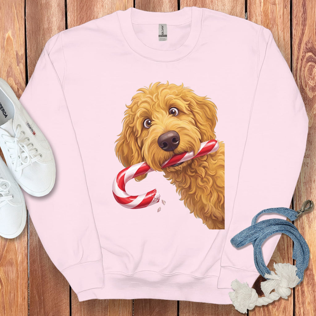 Golden Goldendoodle Candy Cane Thief Sweatshirt in Light Pink / S by Puppy Jo