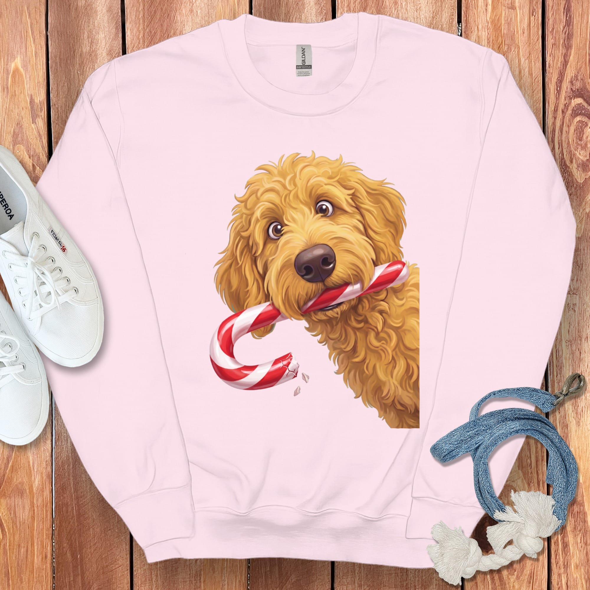 Golden Goldendoodle Candy Cane Thief Sweatshirt in Light Pink / S by Puppy Jo