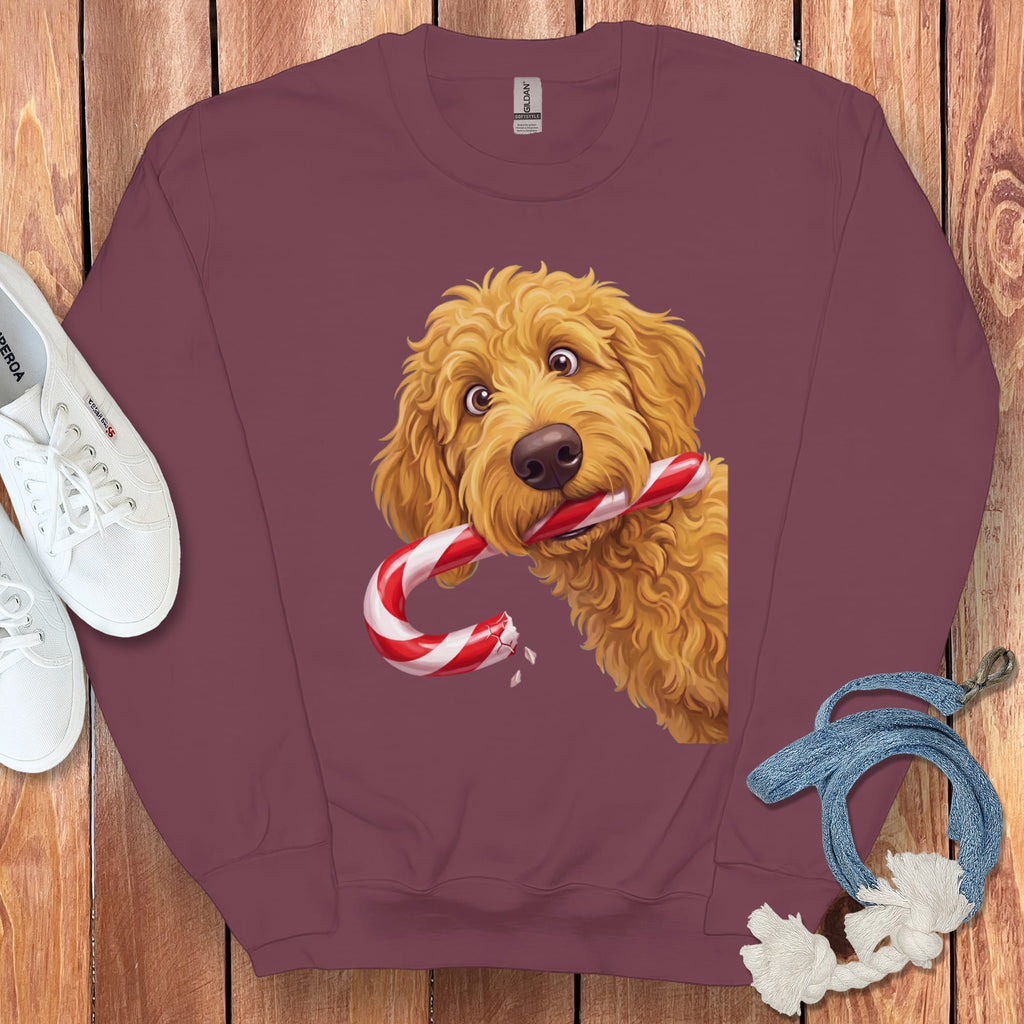 Golden Goldendoodle Candy Cane Thief Sweatshirt in Maroon / S by Puppy Jo