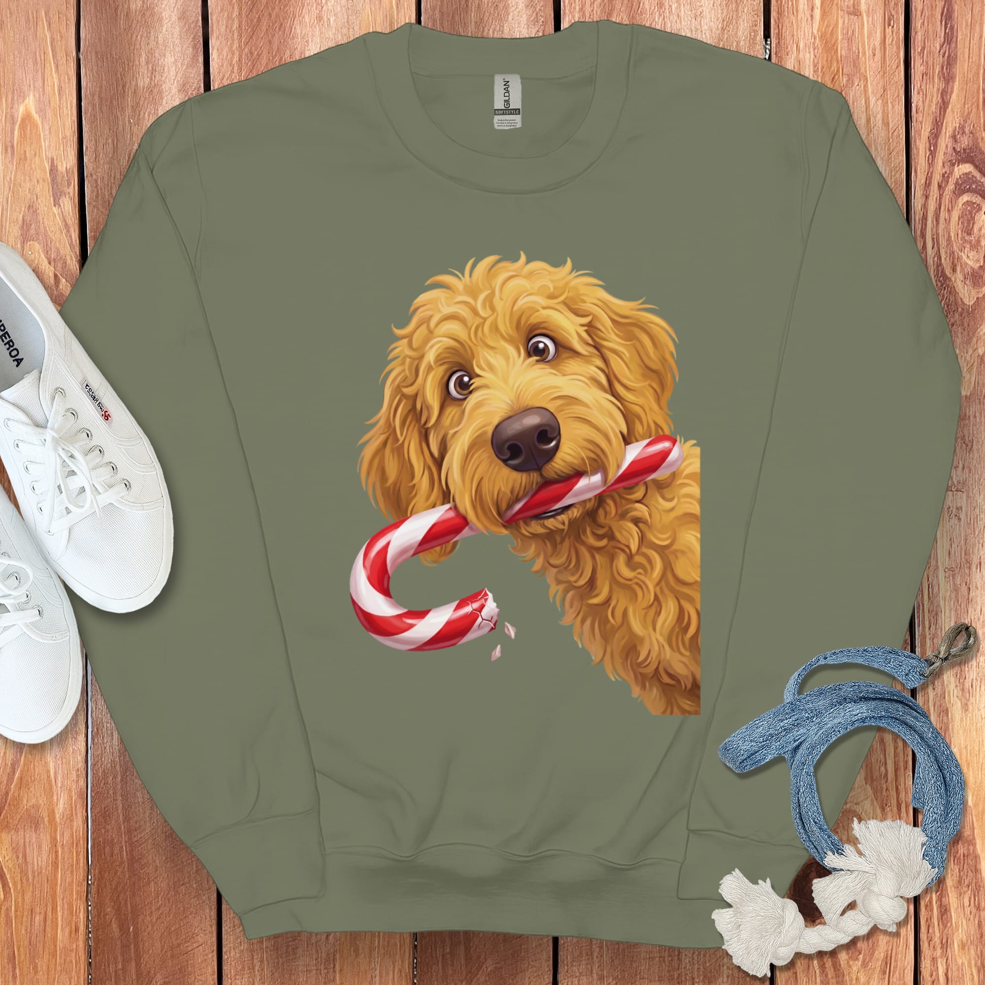Golden Goldendoodle Candy Cane Thief Sweatshirt in Military Green / S by Puppy Jo