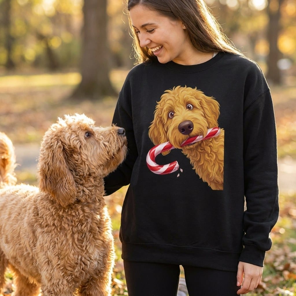 Golden Goldendoodle Candy Cane Thief Sweatshirt in by Puppy Jo