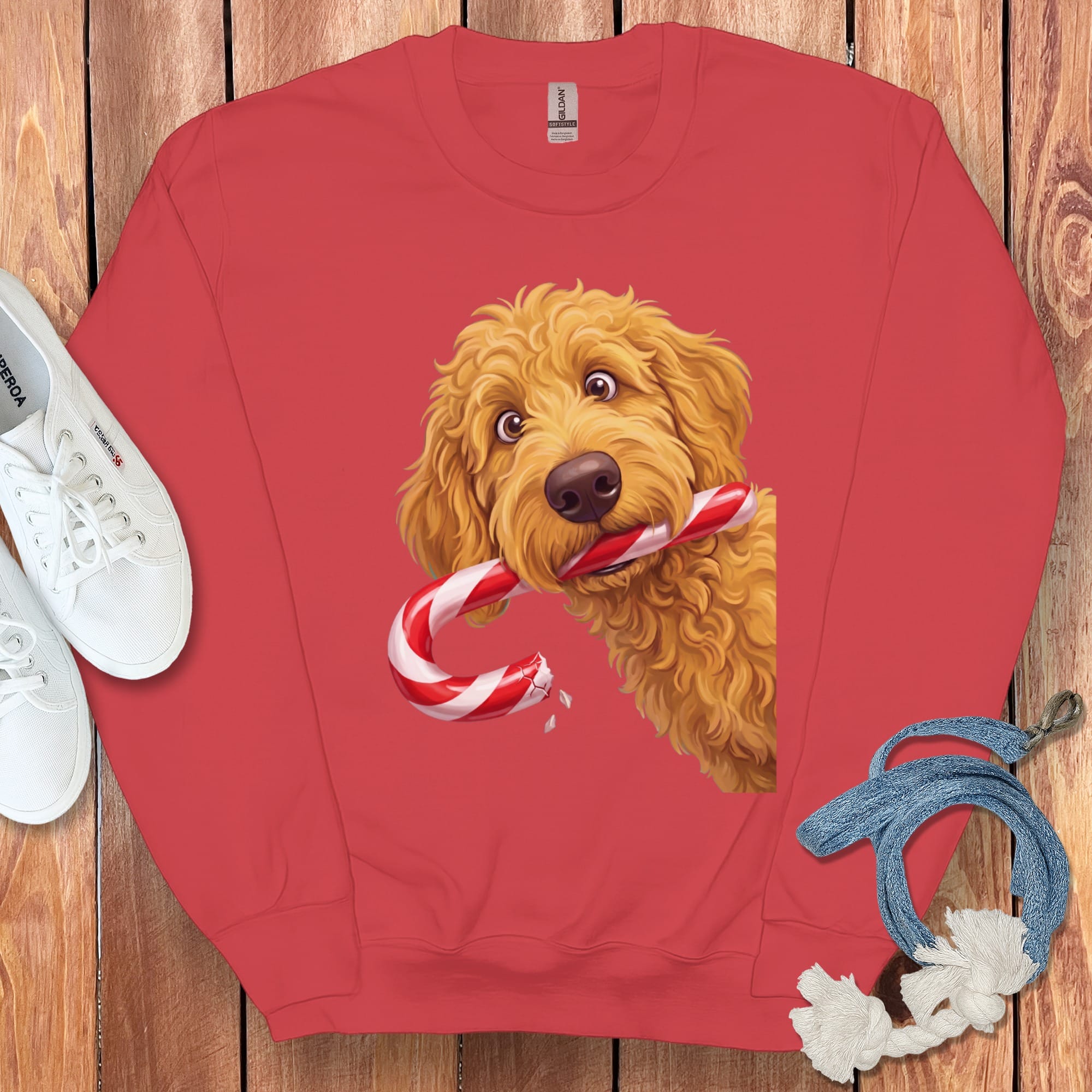 Golden Goldendoodle Candy Cane Thief Sweatshirt in Red / S by Puppy Jo