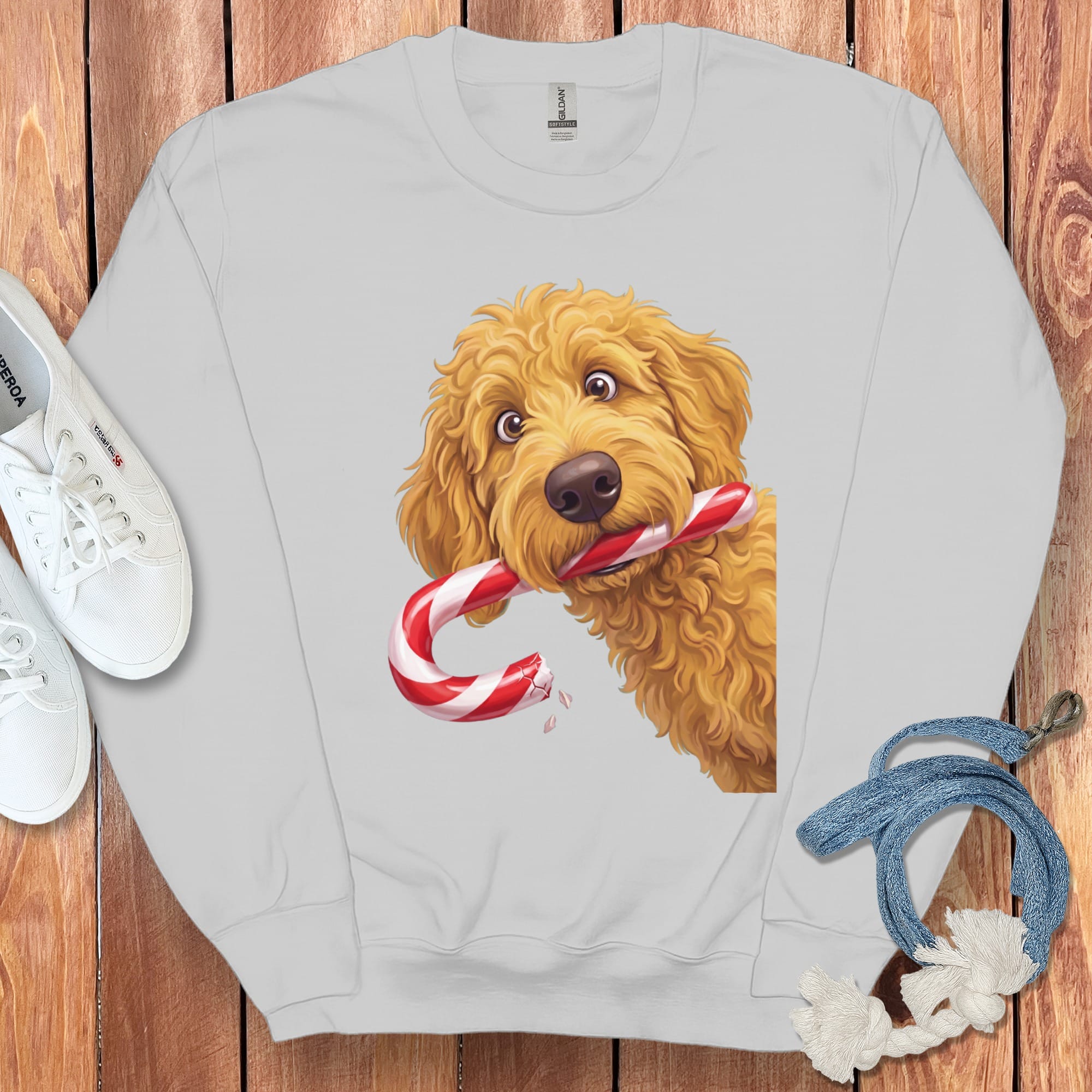 Golden Goldendoodle Candy Cane Thief Sweatshirt in Sport Grey / S by Puppy Jo