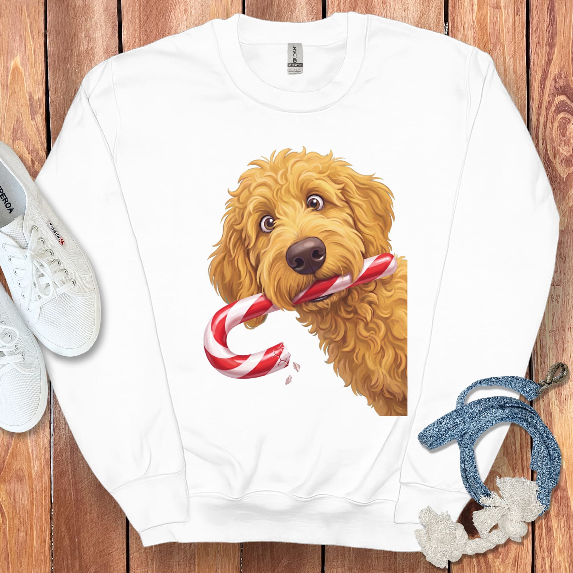 Golden Goldendoodle Candy Cane Thief Sweatshirt in White / S by Puppy Jo