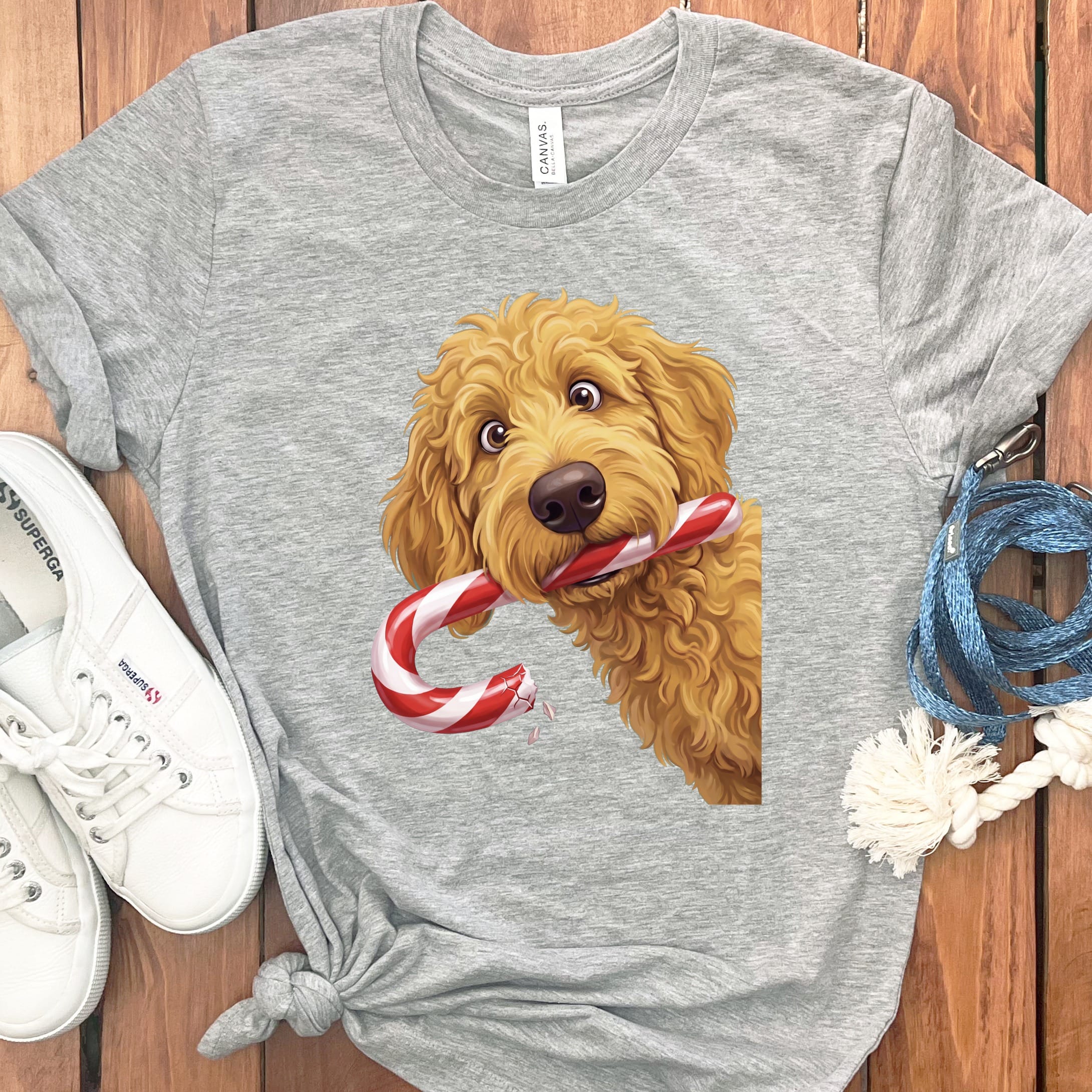 Golden Goldendoodle Candy Cane Thief T-Shirt in Athletic Heather / S by Puppy Jo