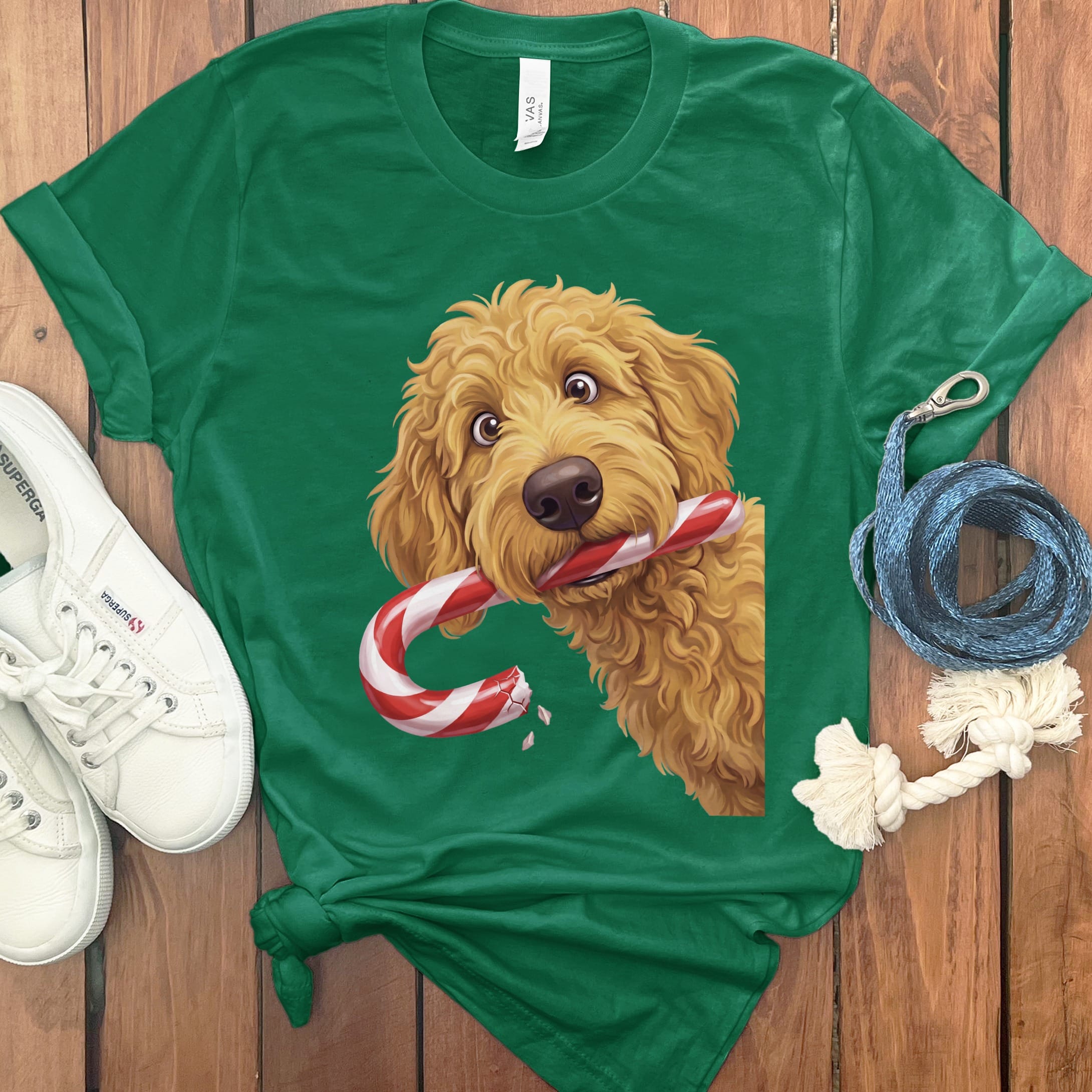 Golden Goldendoodle Candy Cane Thief T-Shirt in Kelly / S by Puppy Jo