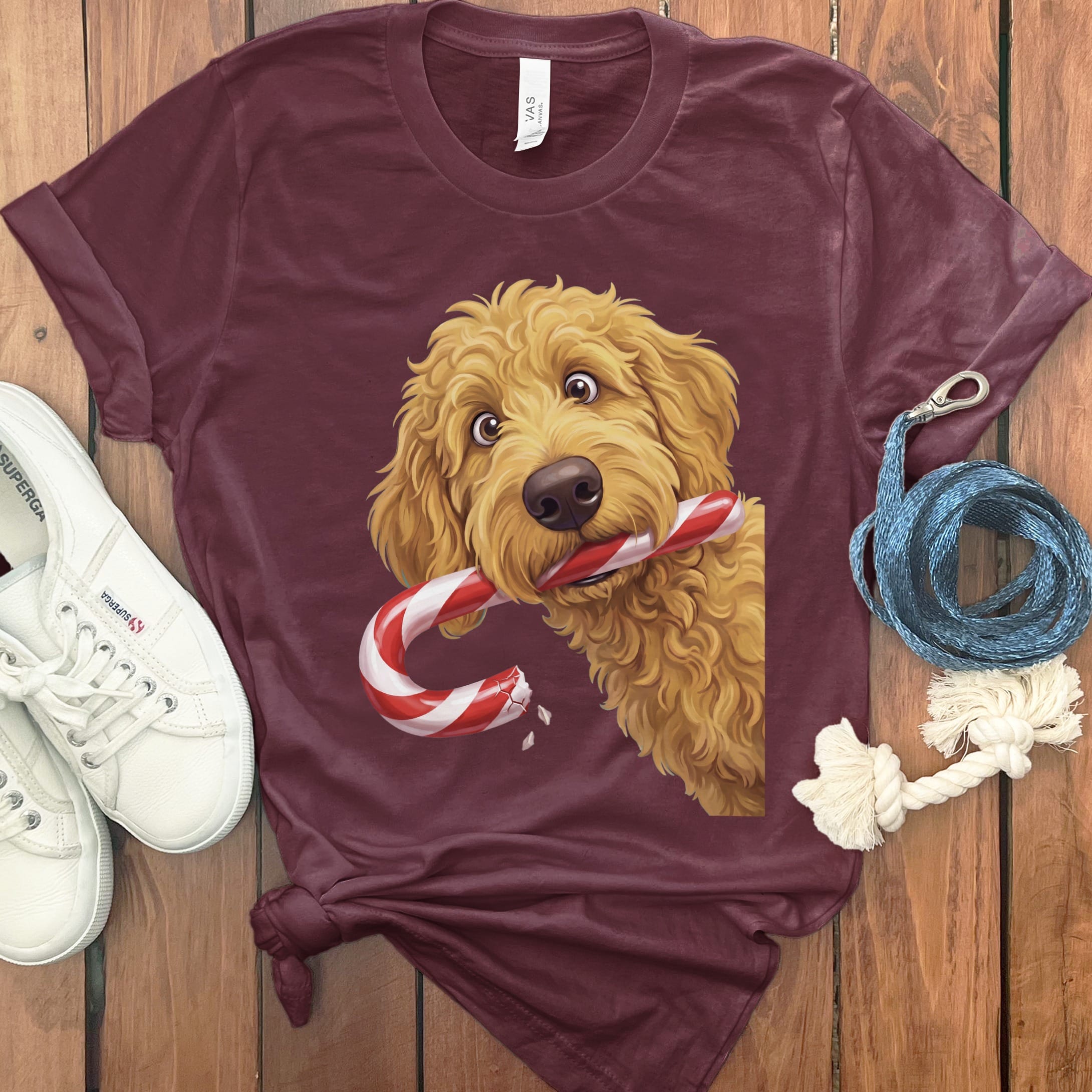 Golden Goldendoodle Candy Cane Thief T-Shirt in Maroon / S by Puppy Jo