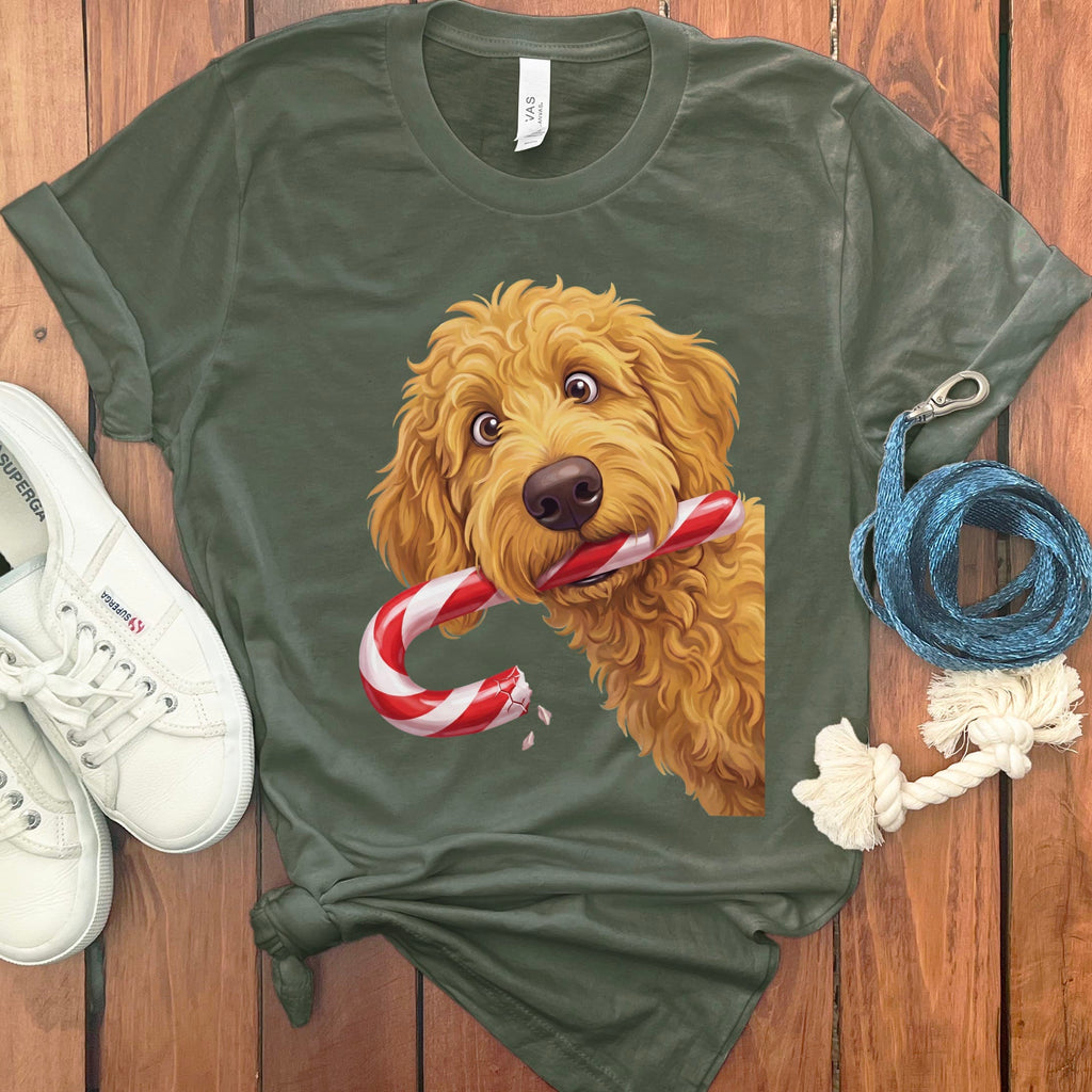 Golden Goldendoodle Candy Cane Thief T-Shirt in Military Green / S by Puppy Jo