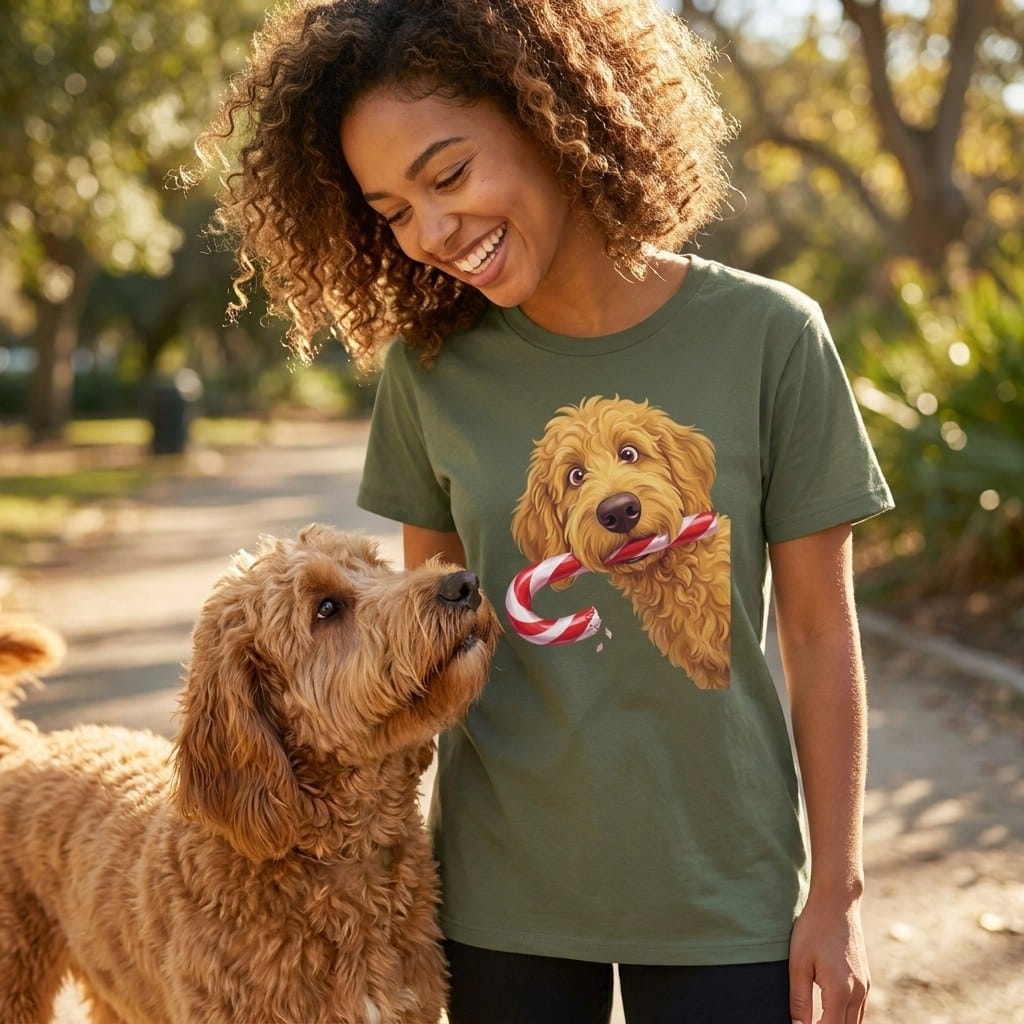 Golden Goldendoodle Candy Cane Thief T-Shirt in by Puppy Jo