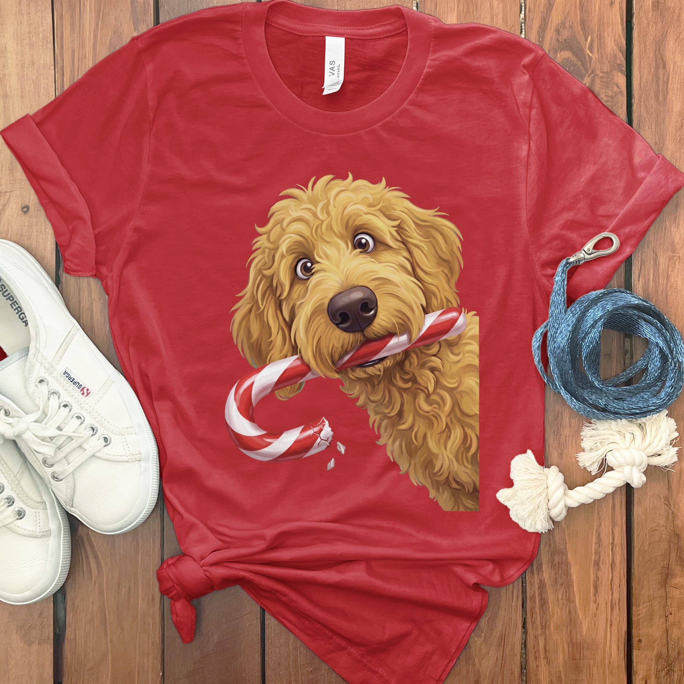 Golden Goldendoodle Candy Cane Thief T-Shirt in Red / S by Puppy Jo