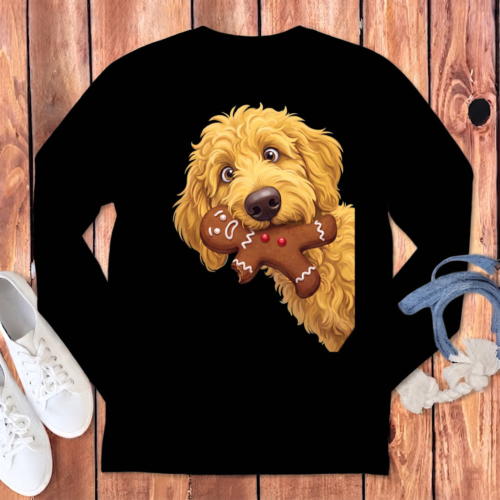 Golden Goldendoodle Cookie Thief Long Sleeve T-Shirt in Black / S by Puppy Jo