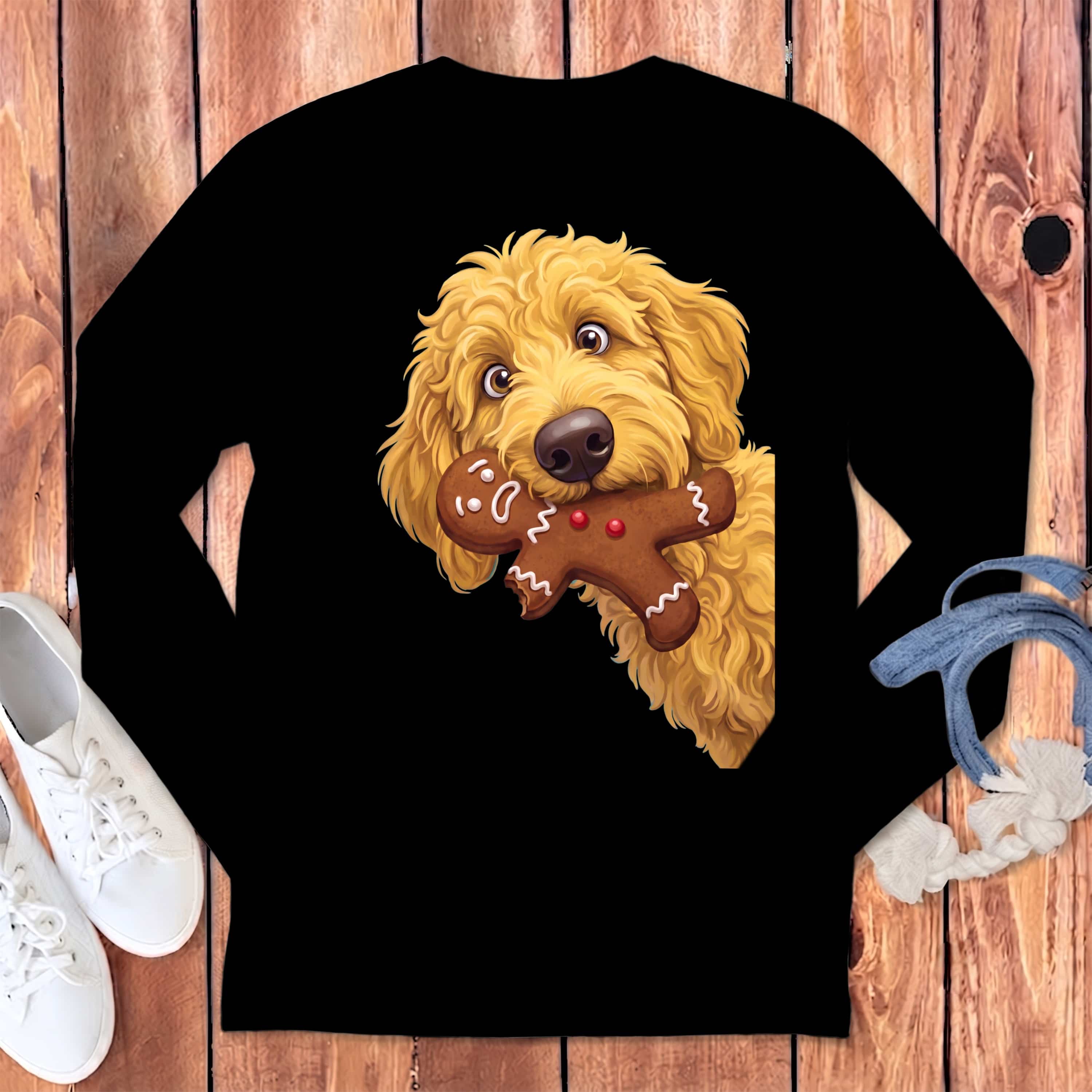 Golden Goldendoodle Cookie Thief Long Sleeve T-Shirt in Black / S by Puppy Jo