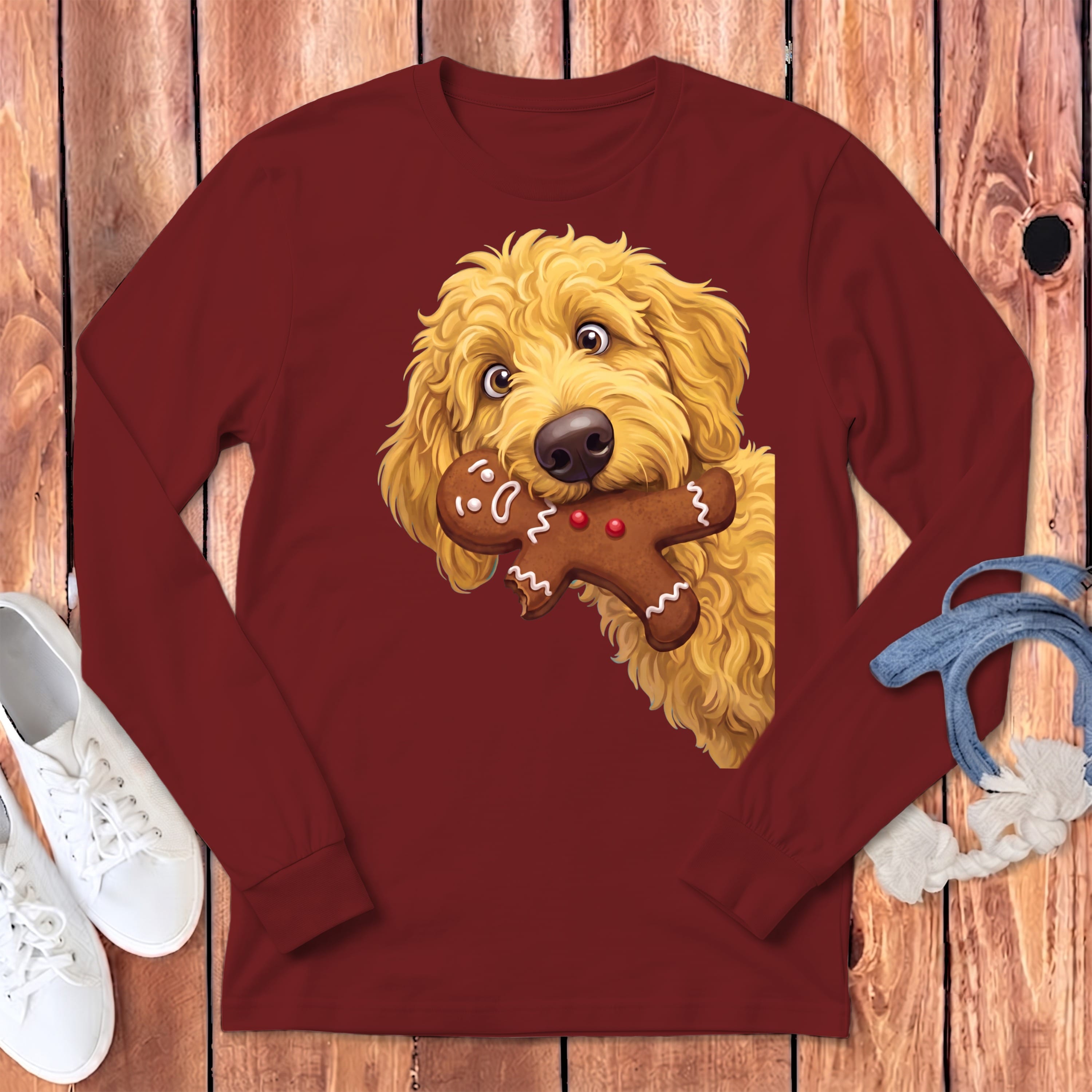 Golden Goldendoodle Cookie Thief Long Sleeve T-Shirt in Cardinal / S by Puppy Jo
