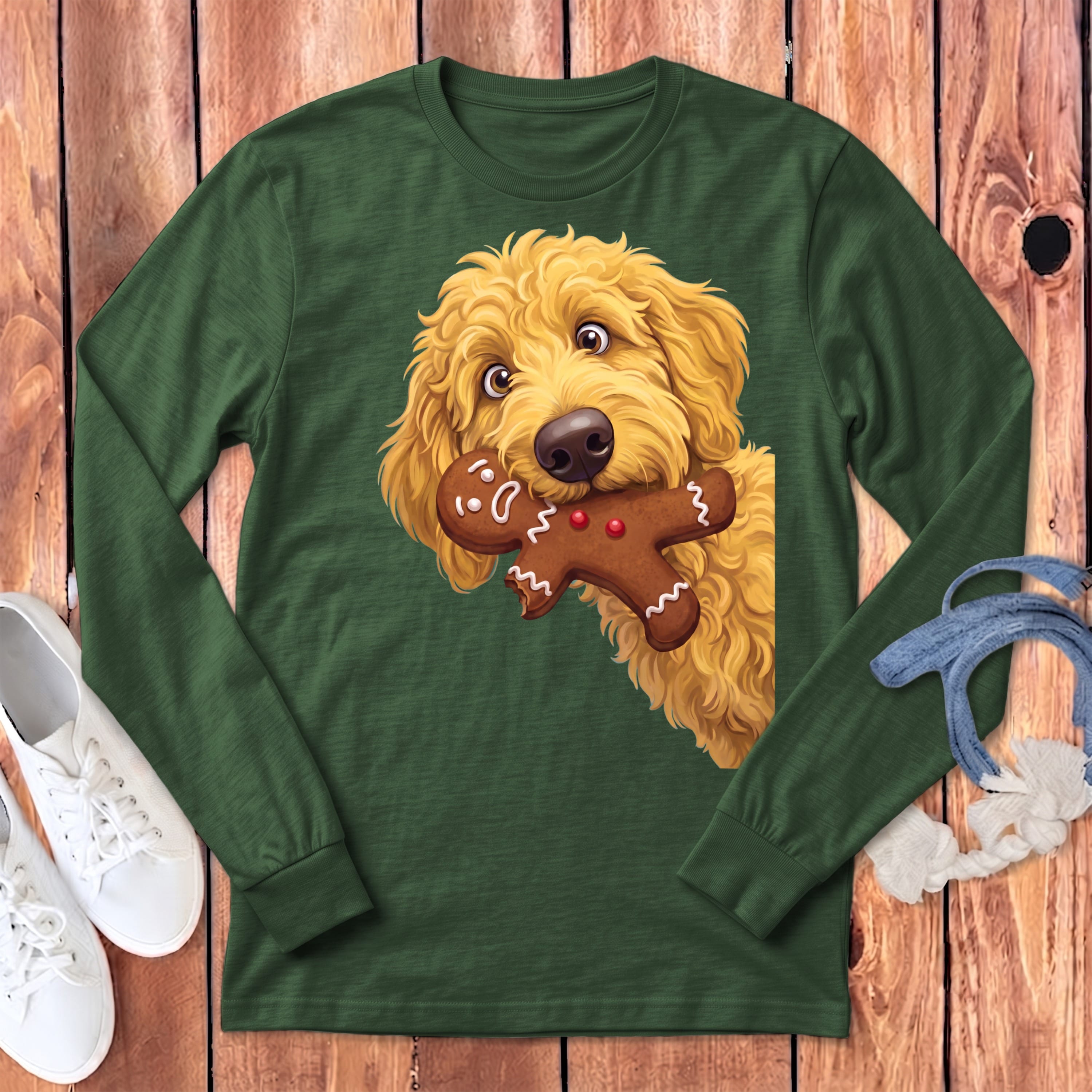 Golden Goldendoodle Cookie Thief Long Sleeve T-Shirt in Heather Forest / S by Puppy Jo
