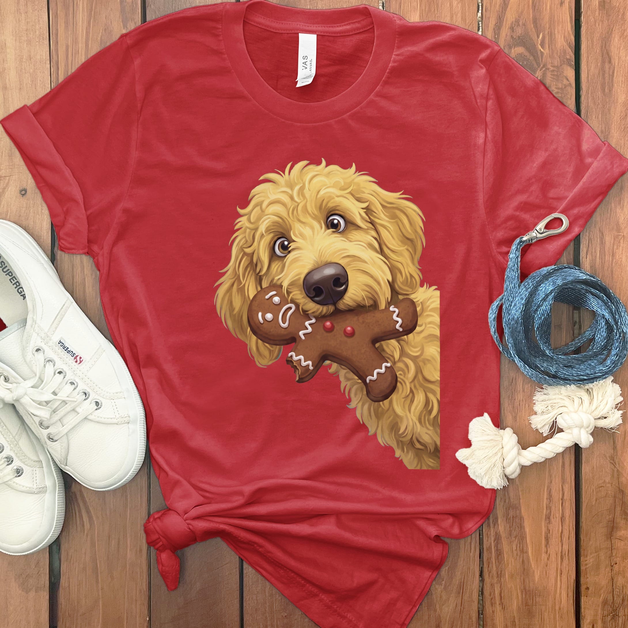 Golden Goldendoodle Cookie Thief T-Shirt in S / Red by Puppy Jo