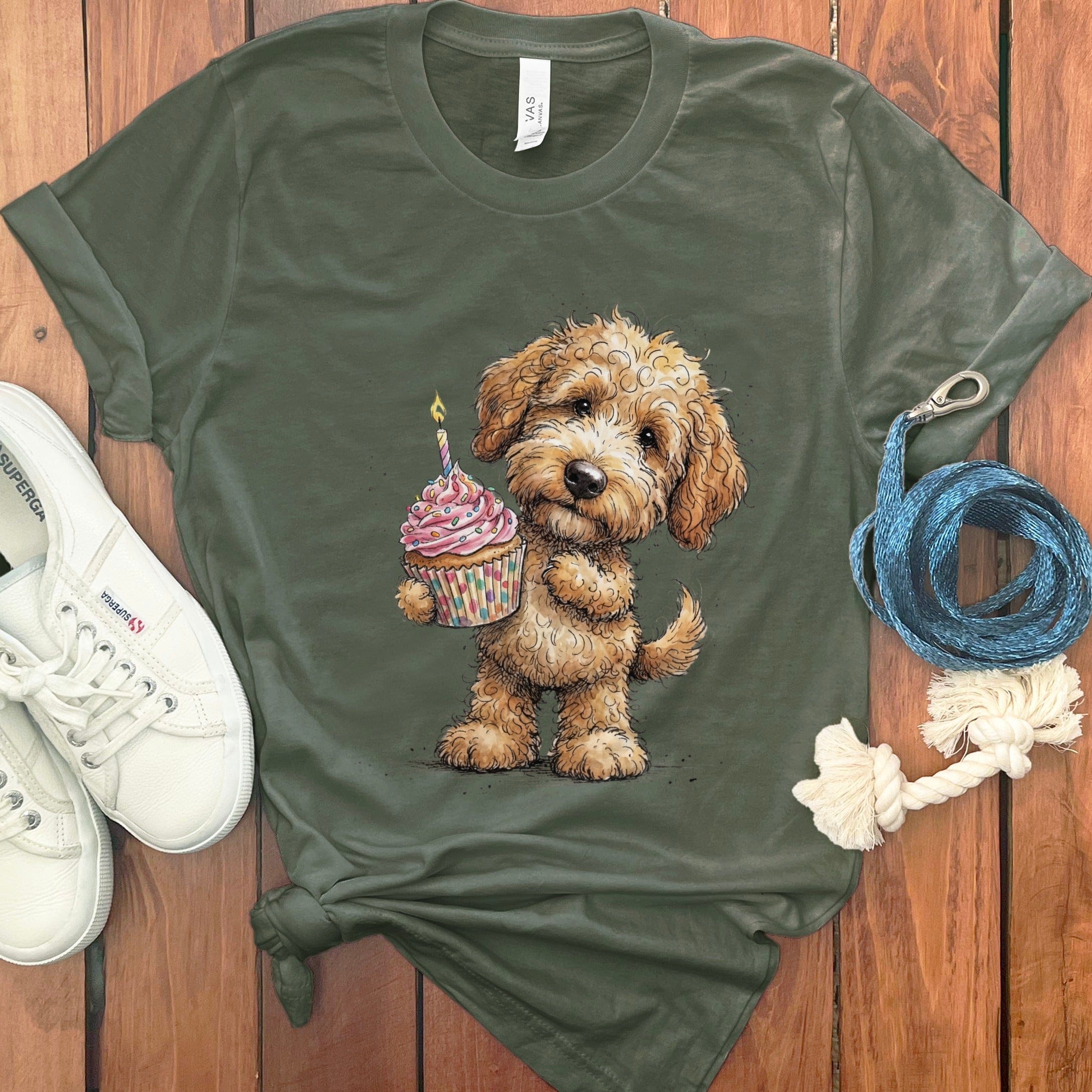 Golden Goldendoodle Cupcake T-Shirt in Military Green / M by Puppy Jo