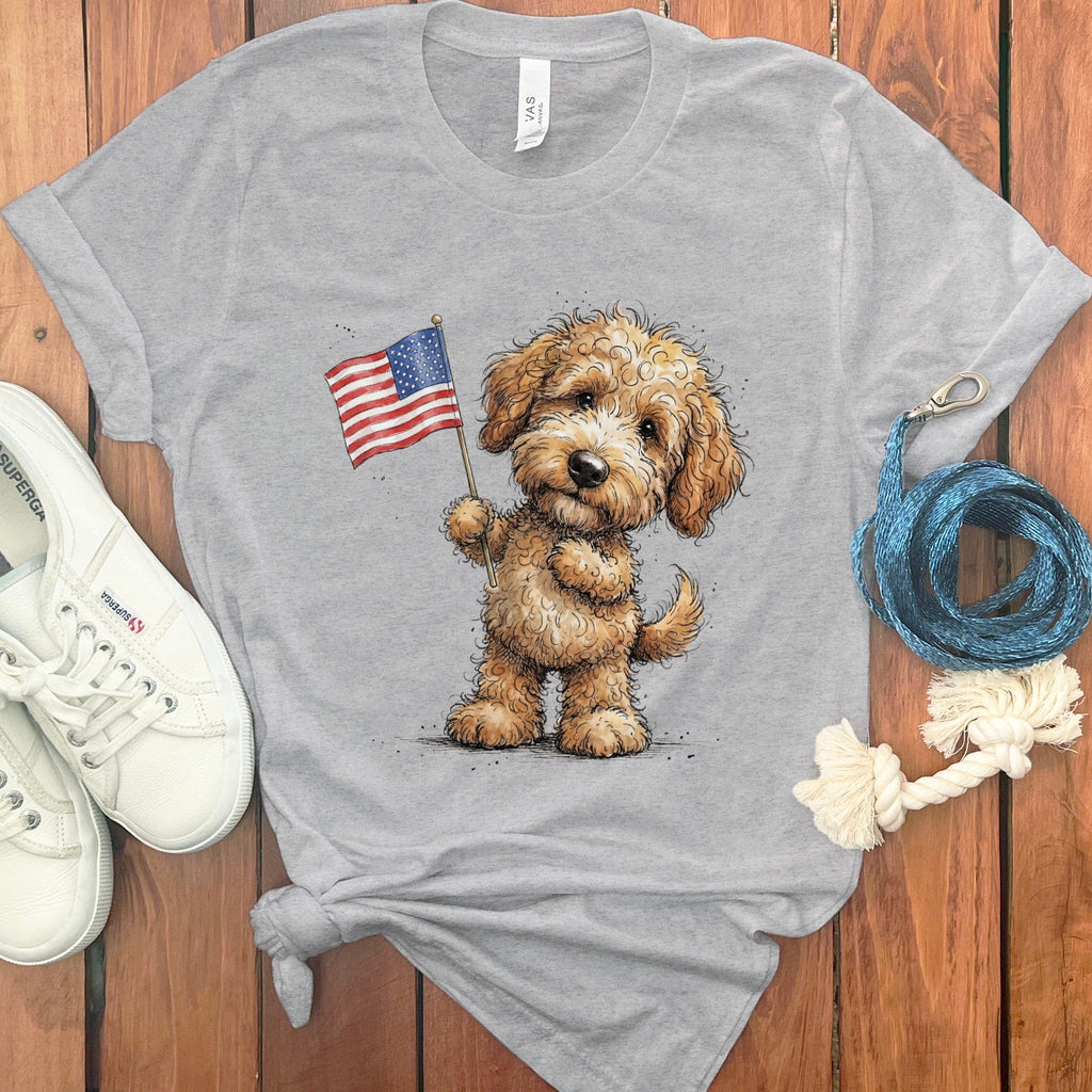 Golden Goldendoodle Flag T-Shirt in Athletic Heather / M by Puppy Jo