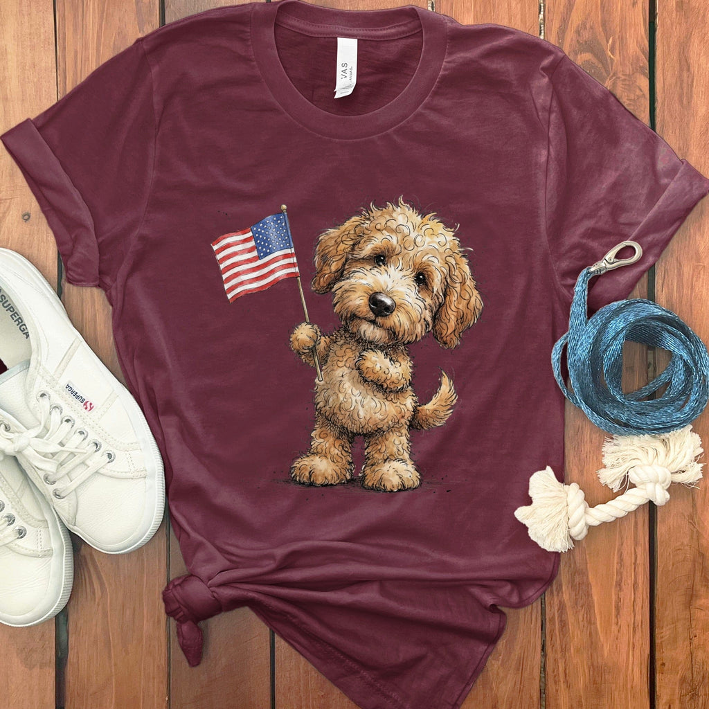 Golden Goldendoodle Flag T-Shirt in Maroon / M by Puppy Jo