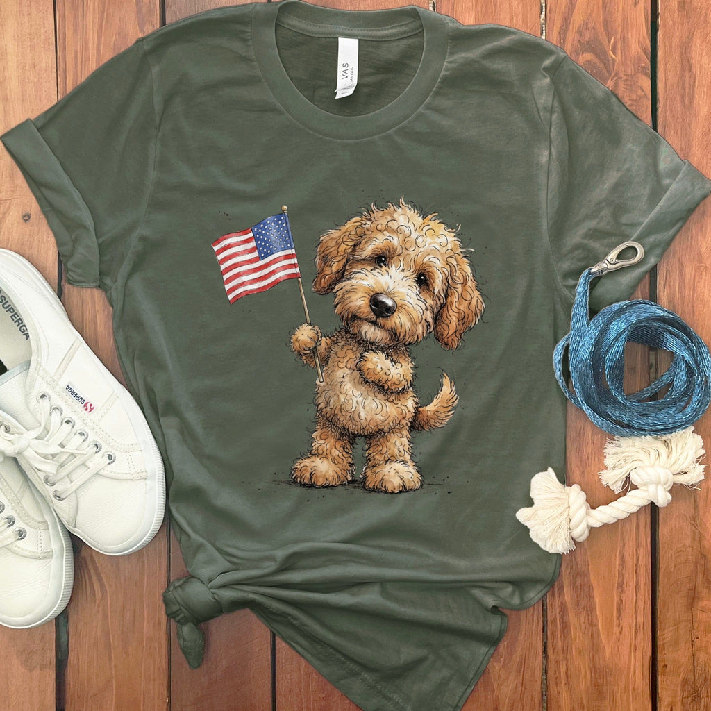 Golden Goldendoodle Flag T-Shirt in Military Green / M by Puppy Jo