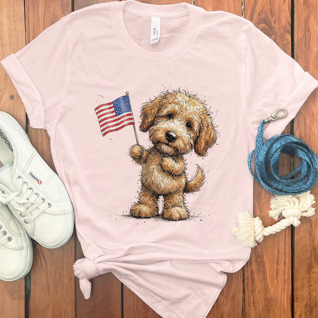 Golden Goldendoodle Flag T-Shirt in Soft Pink / M by Puppy Jo