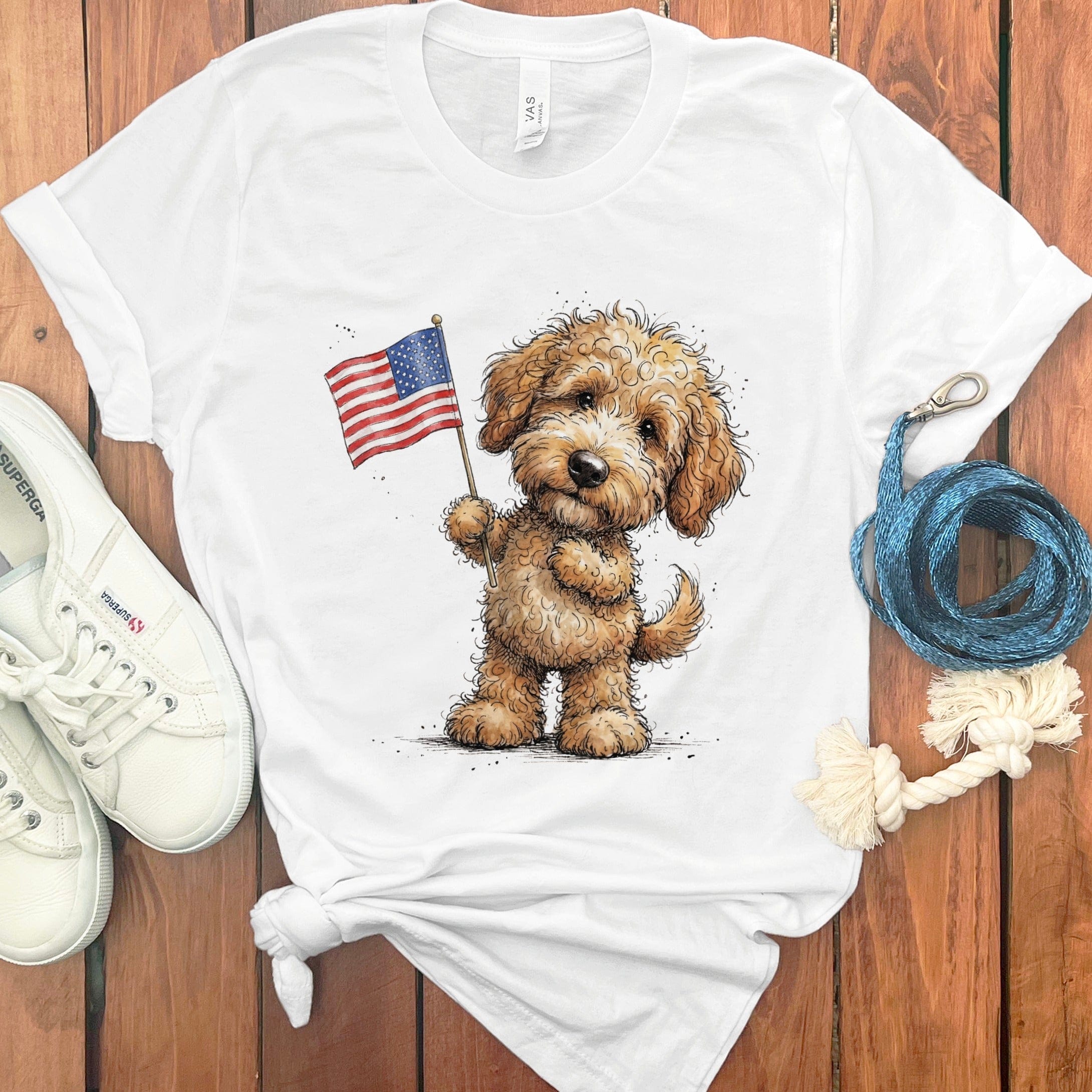 Golden Goldendoodle Flag T-Shirt in White / M by Puppy Jo