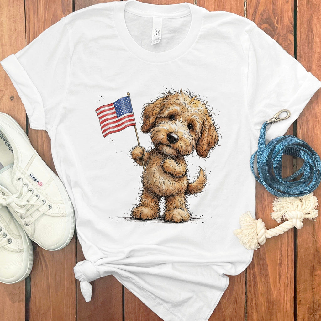 Golden Goldendoodle Flag T-Shirt in White / M by Puppy Jo