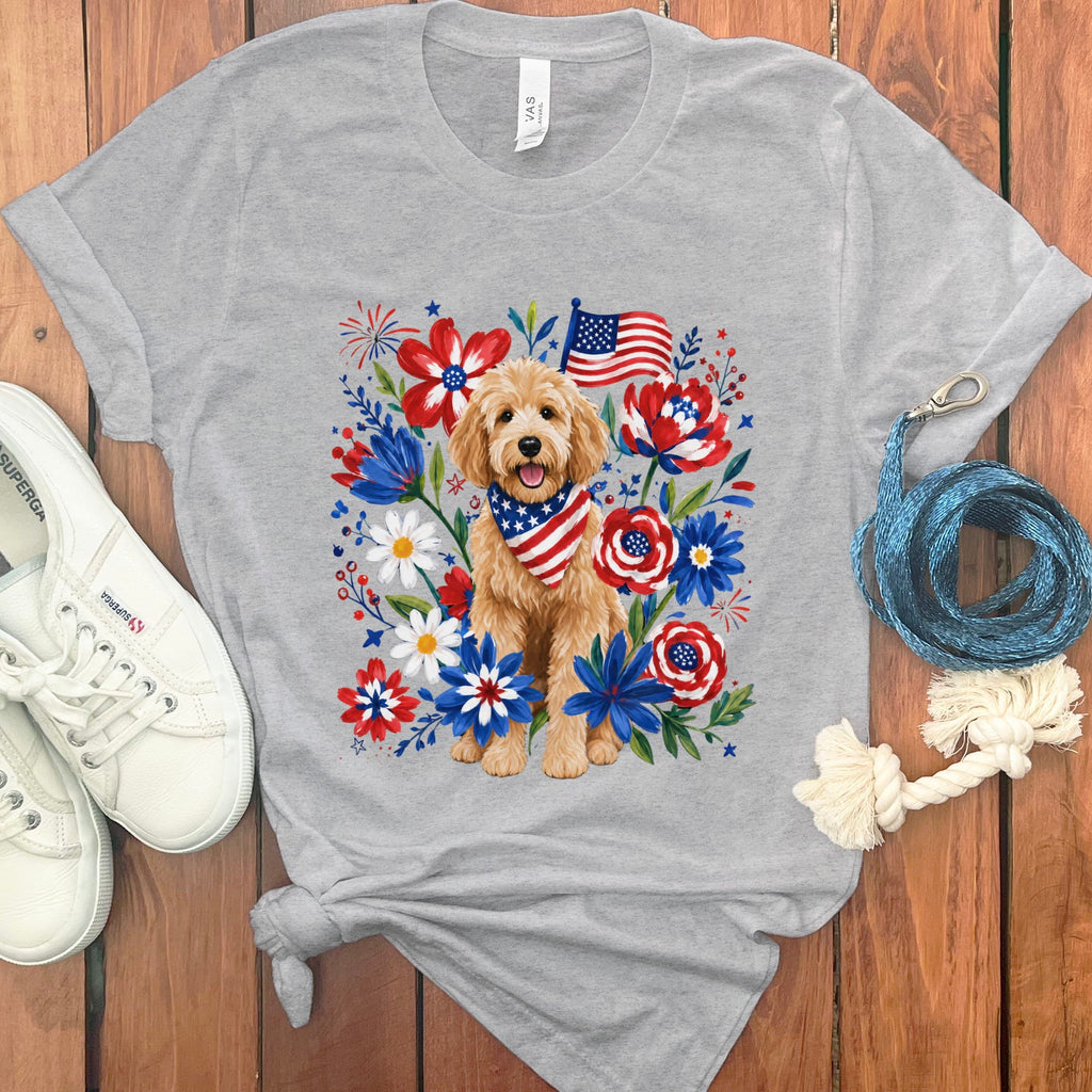 Golden Goldendoodle Floral Spirit T-Shirt in Athletic Heather / S by Puppy Jo