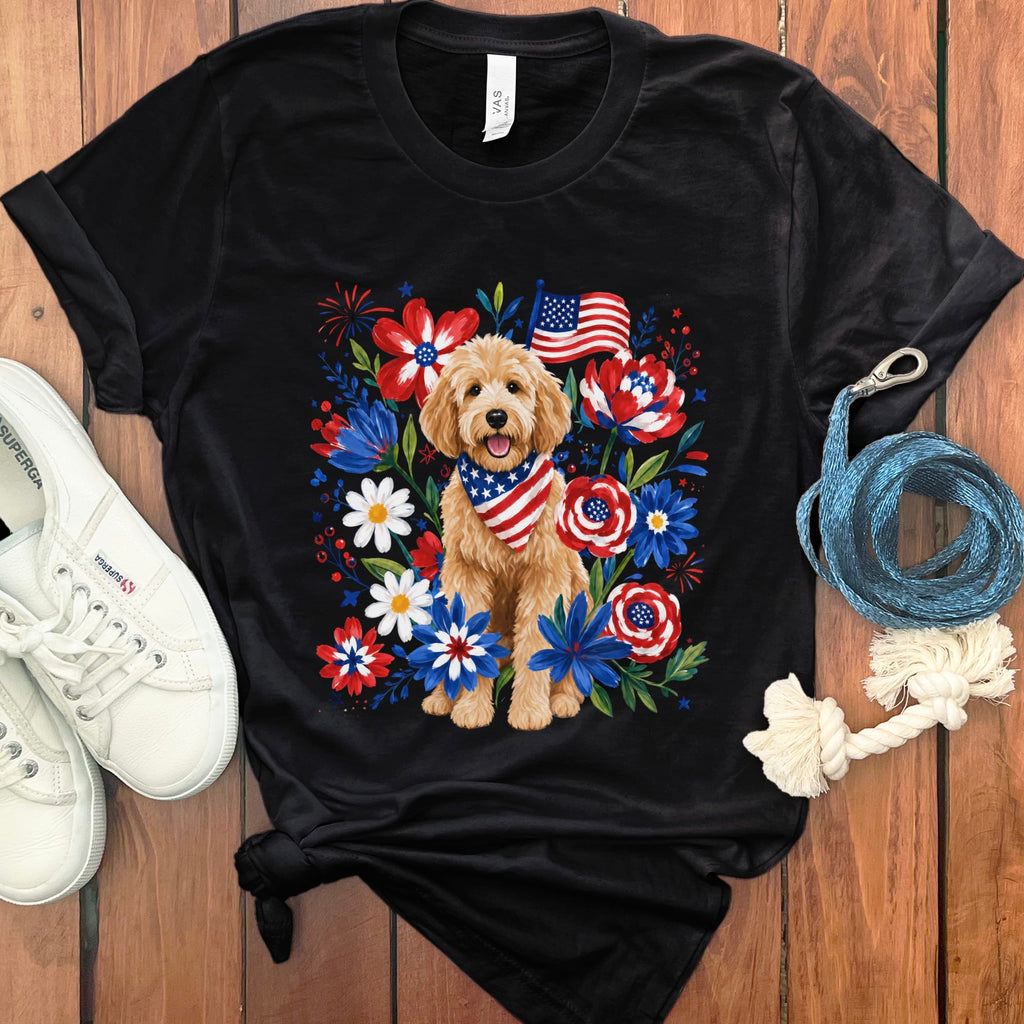 Golden Goldendoodle Floral Spirit T-Shirt in Black / S by Puppy Jo