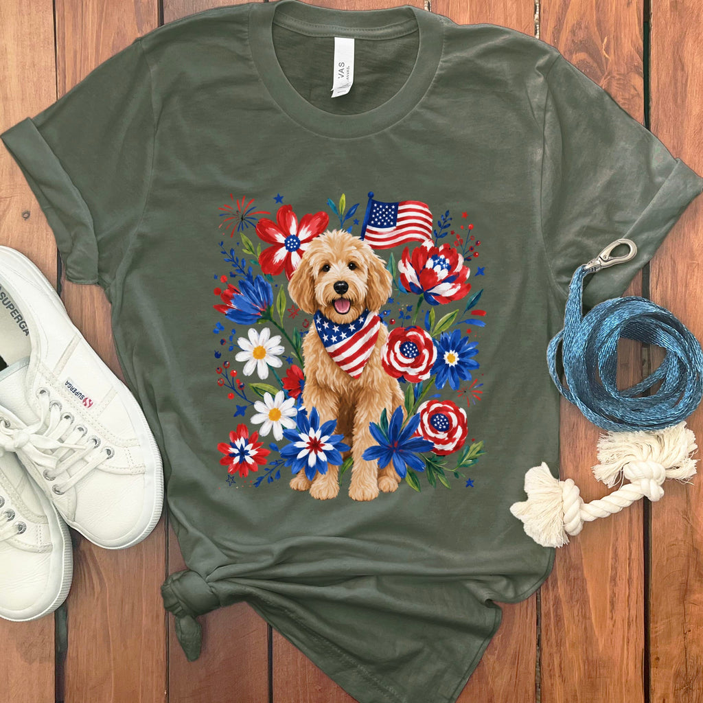 Golden Goldendoodle Floral Spirit T-Shirt in Military Green / S by Puppy Jo