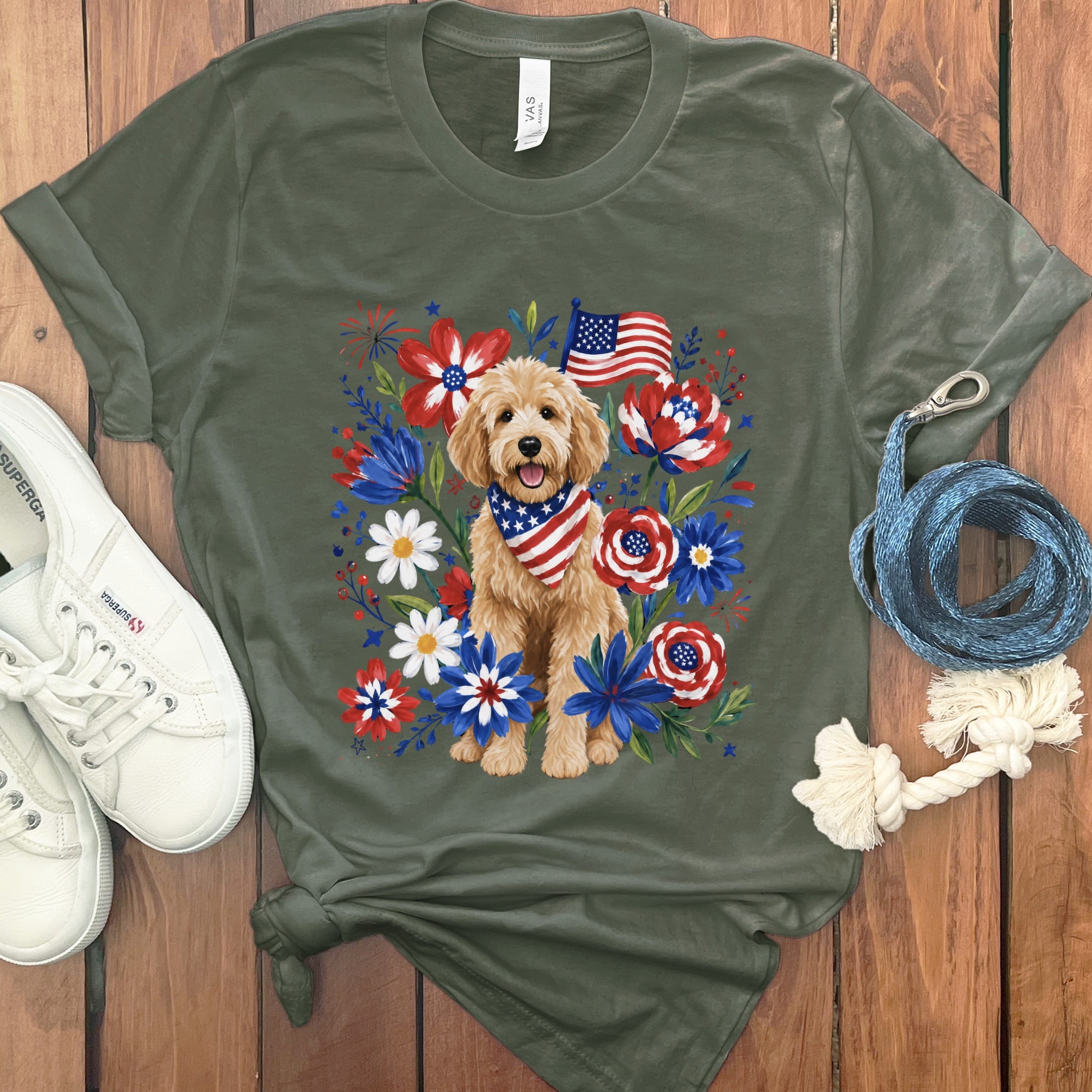 Golden Goldendoodle Floral Spirit T-Shirt in Military Green / S by Puppy Jo