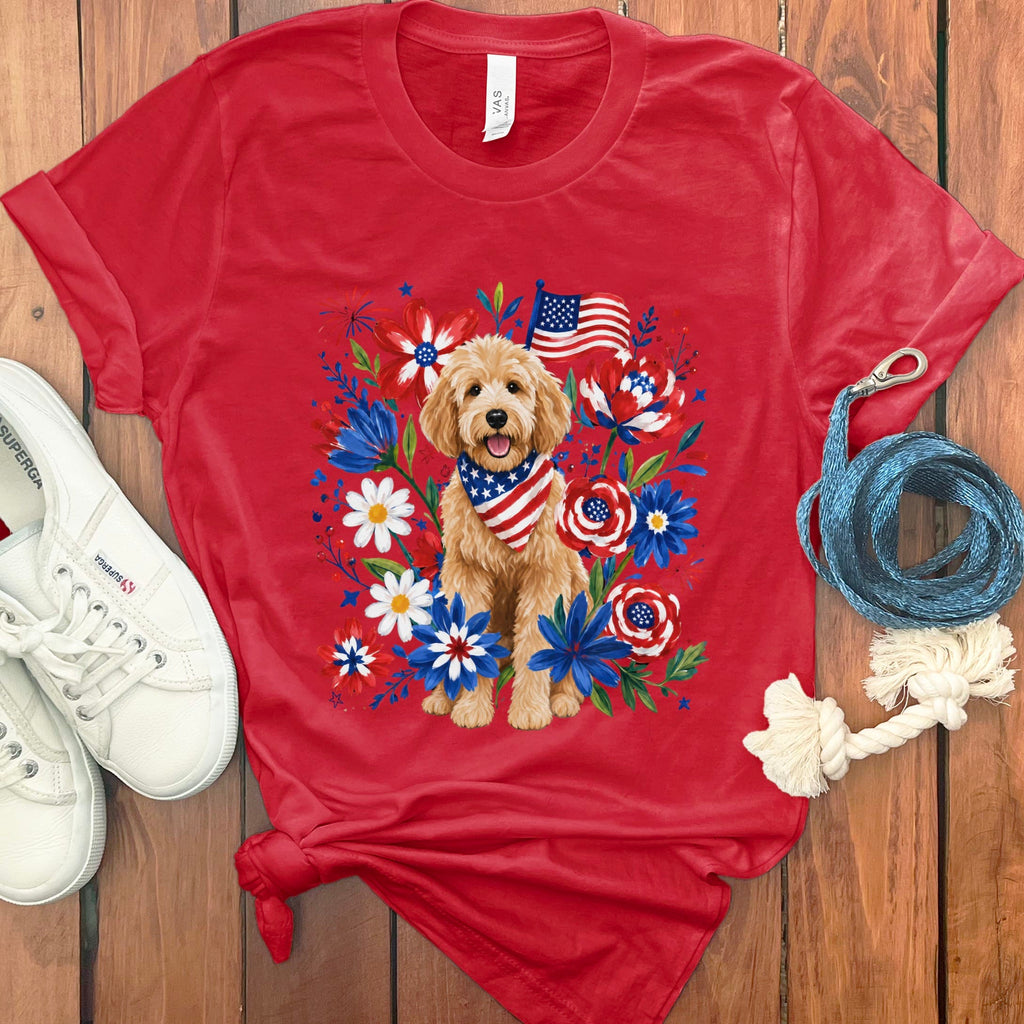Golden Goldendoodle Floral Spirit T-Shirt in Red / S by Puppy Jo