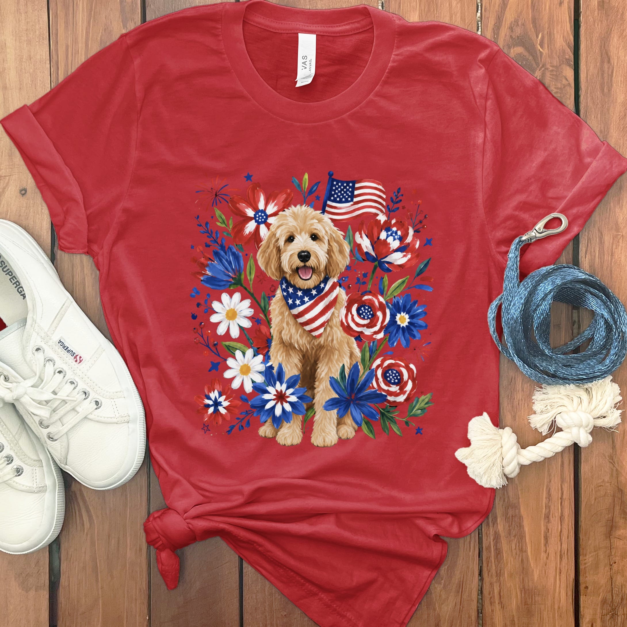 Golden Goldendoodle Floral Spirit T-Shirt in Red / S by Puppy Jo