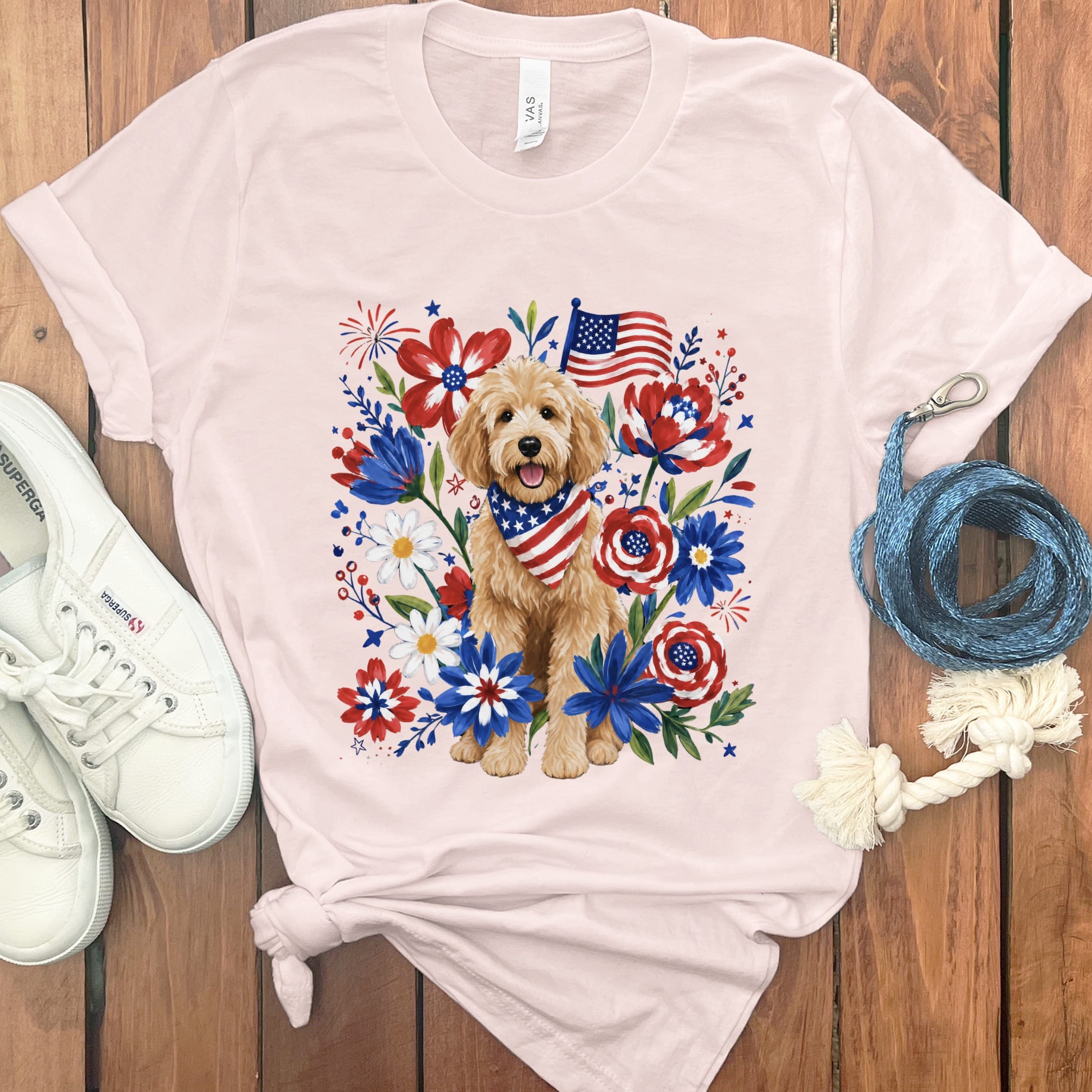 Golden Goldendoodle Floral Spirit T-Shirt in Soft Pink / S by Puppy Jo