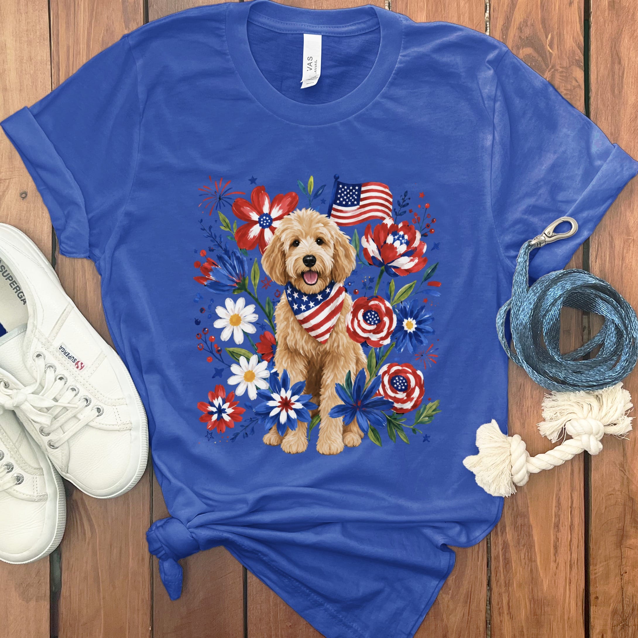 Golden Goldendoodle Floral Spirit T-Shirt in True Royal / S by Puppy Jo