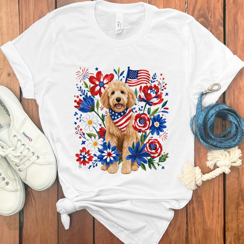 Golden Goldendoodle Floral Spirit T-Shirt in White / S by Puppy Jo