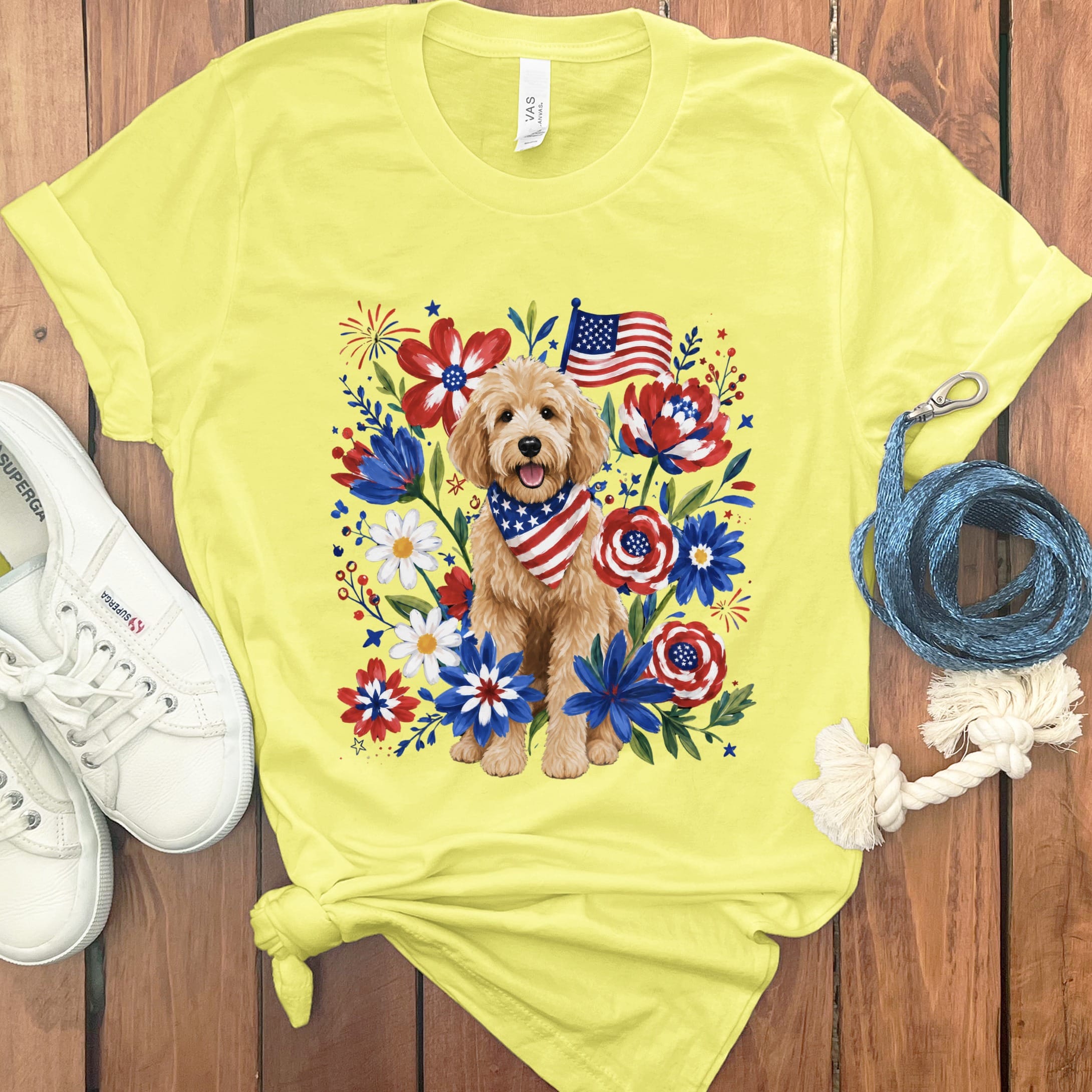 Golden Goldendoodle Floral Spirit T-Shirt in Yellow / S by Puppy Jo