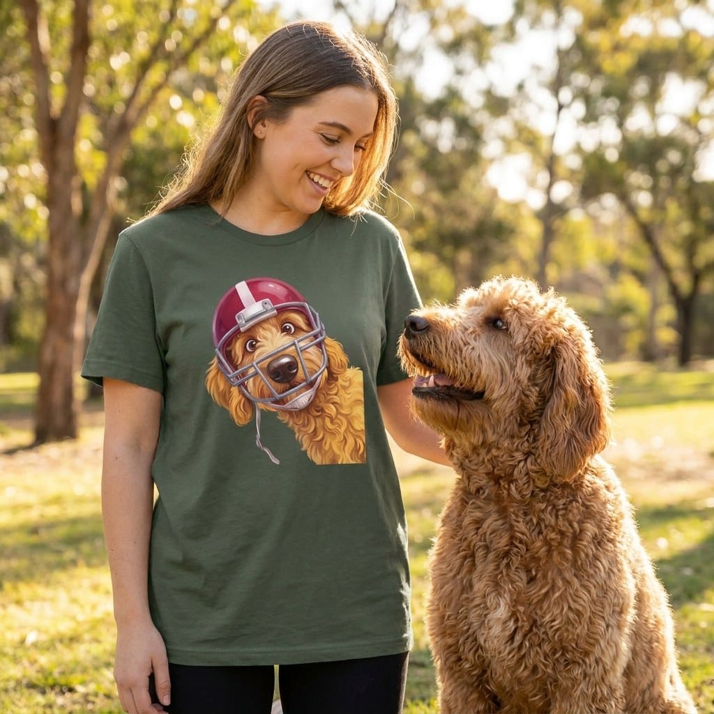 Golden Goldendoodle Football Helmet T-Shirt in by Puppy Jo