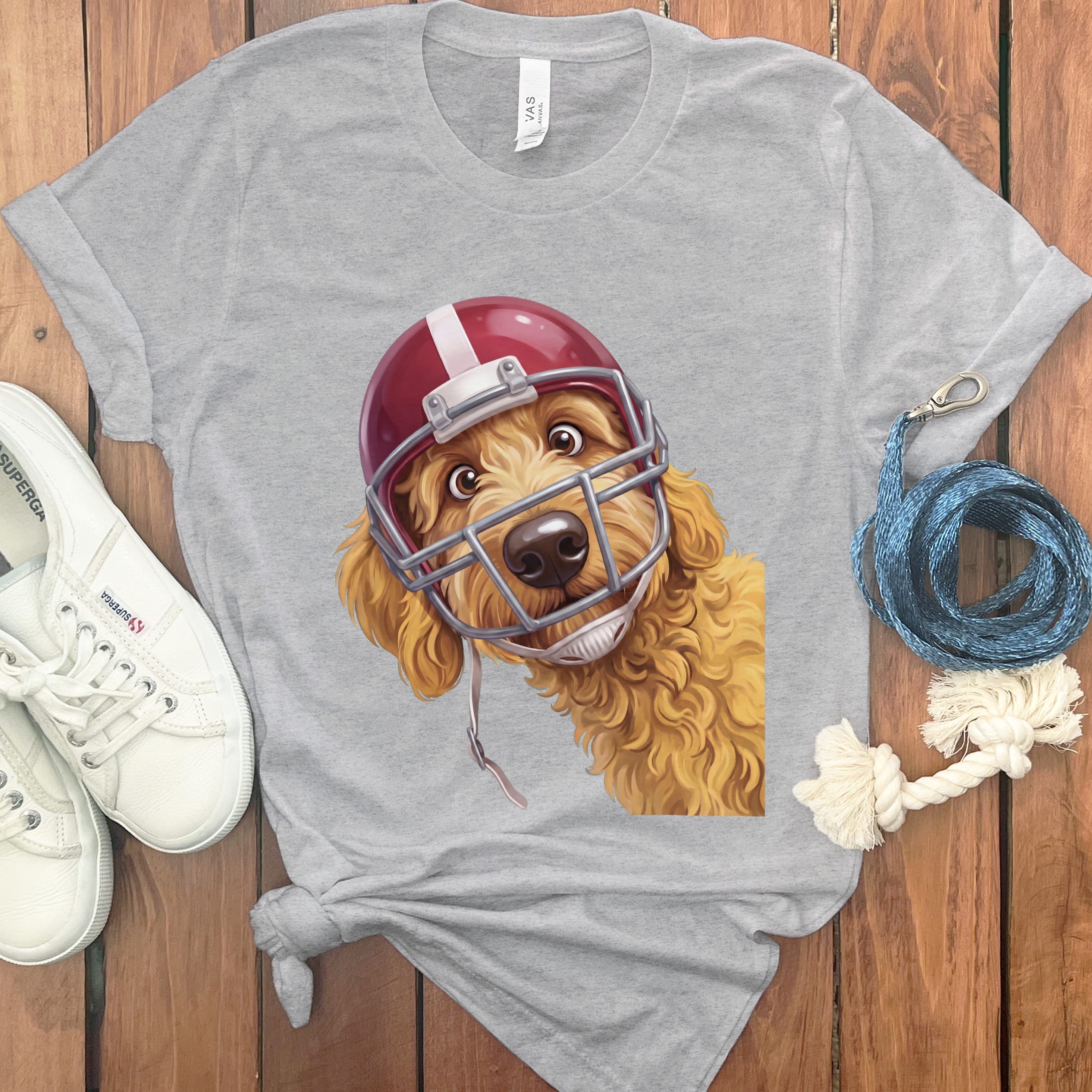 Golden Goldendoodle Football Helmet T-Shirt in S / Athletic Heather by Puppy Jo