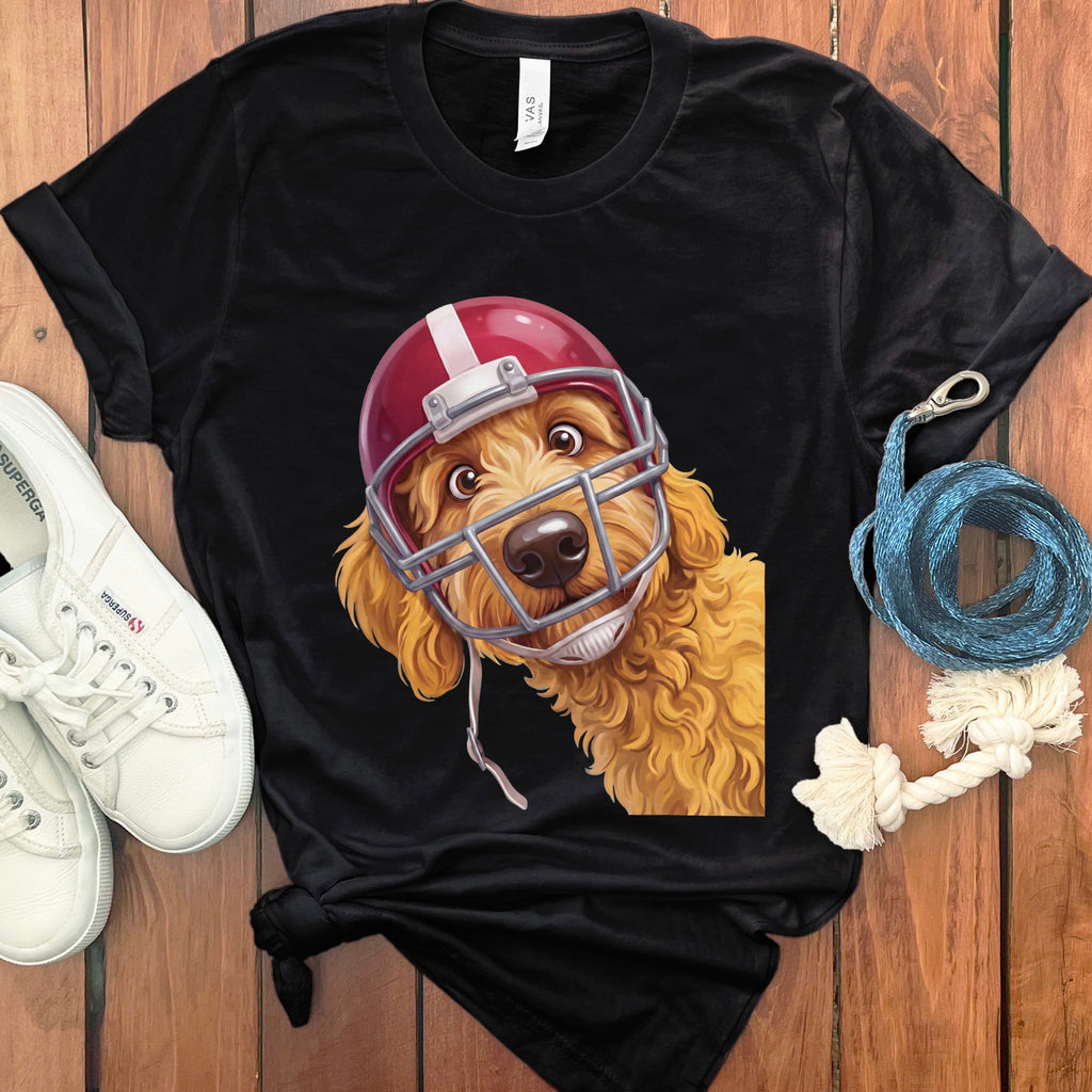 Golden Goldendoodle Football Helmet T-Shirt in S / Black by Puppy Jo