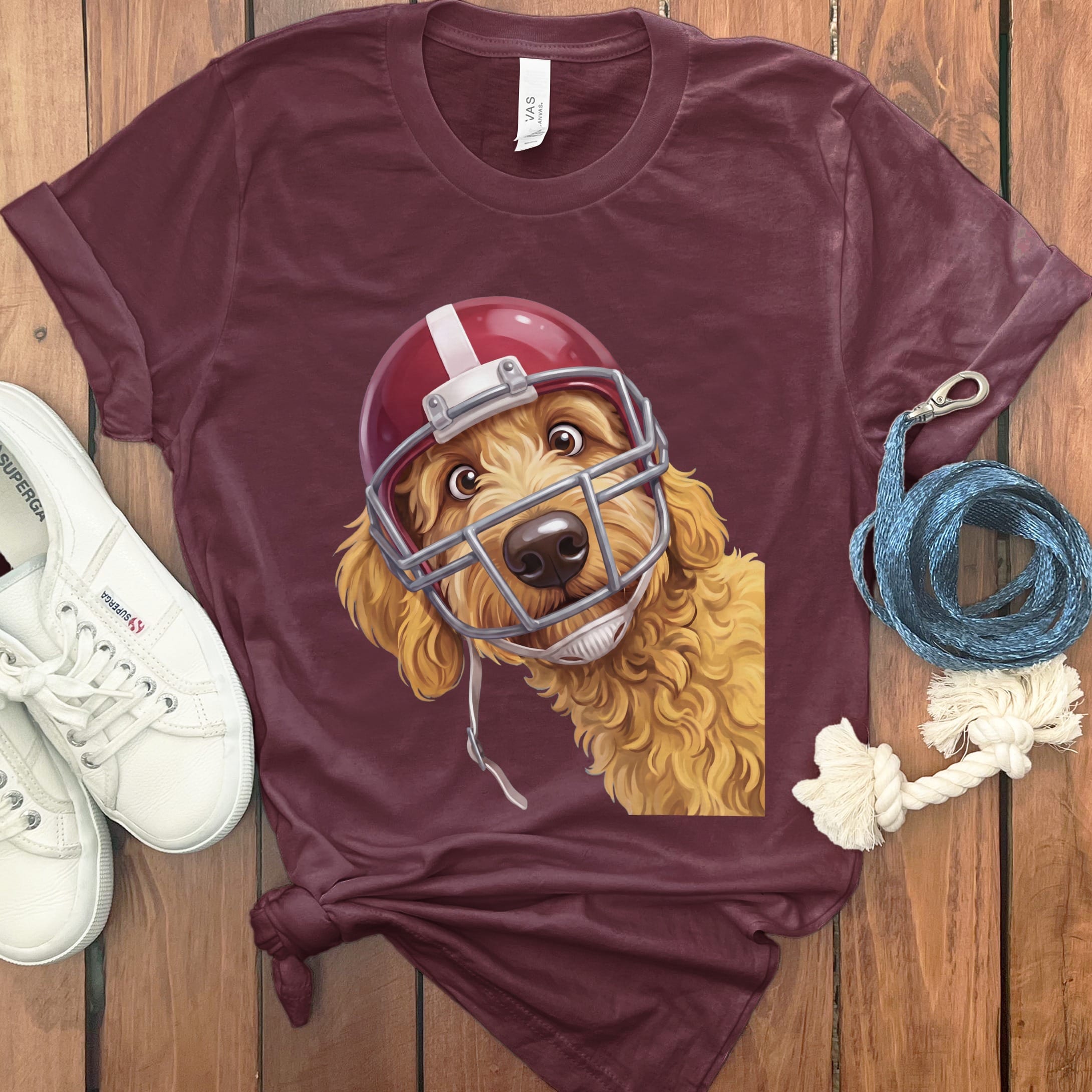Golden Goldendoodle Football Helmet T-Shirt in S / Maroon by Puppy Jo