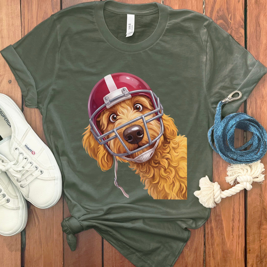Golden Goldendoodle Football Helmet T-Shirt in S / Military Green by Puppy Jo