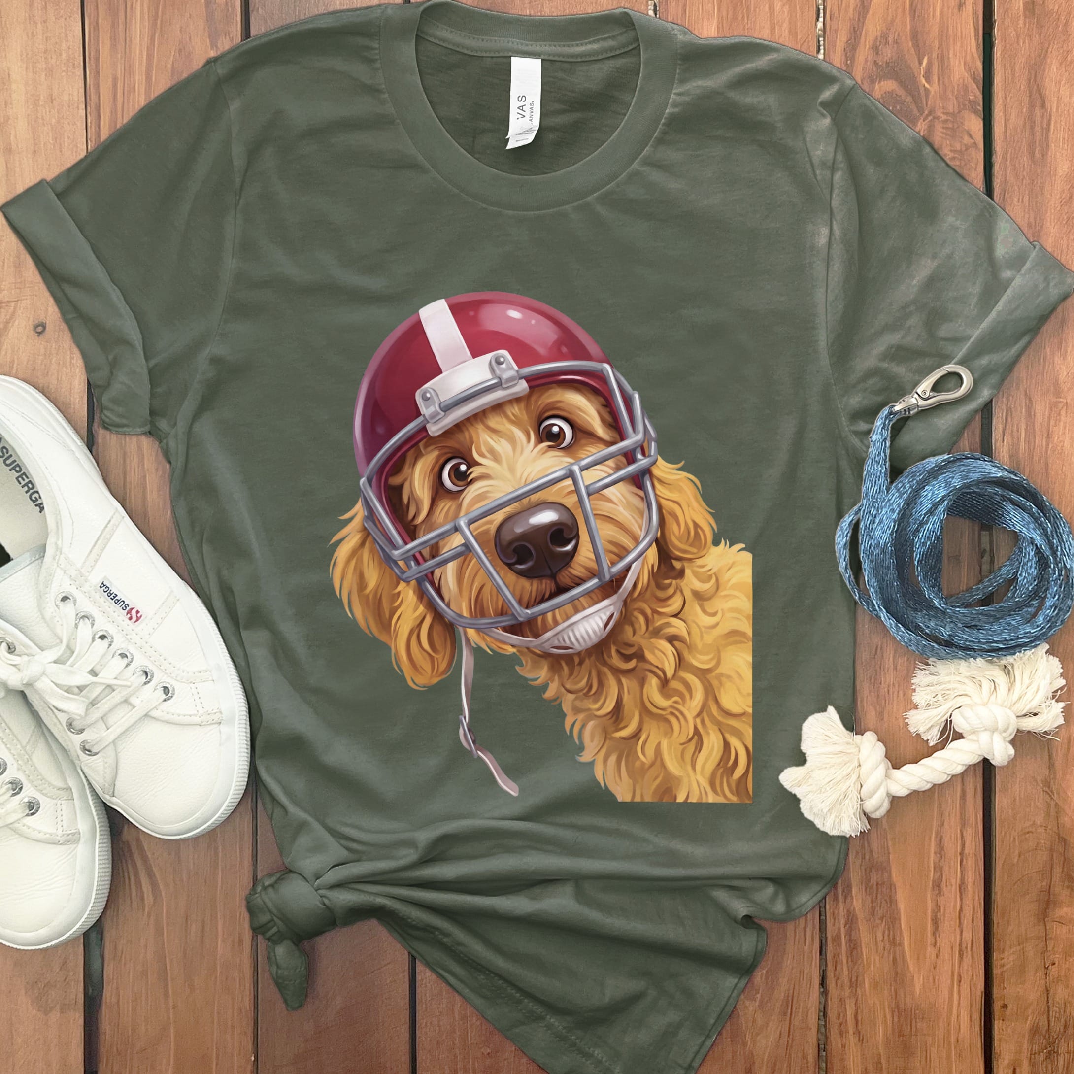 Golden Goldendoodle Football Helmet T-Shirt in S / Military Green by Puppy Jo