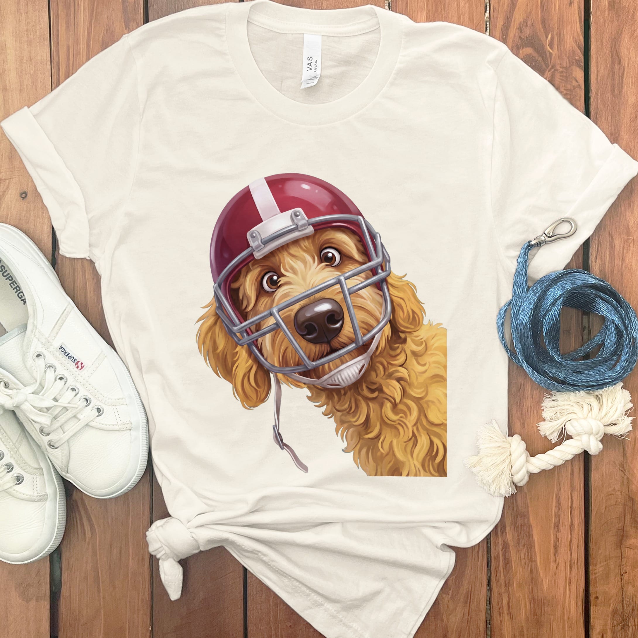 Golden Goldendoodle Football Helmet T-Shirt in S / Natural by Puppy Jo