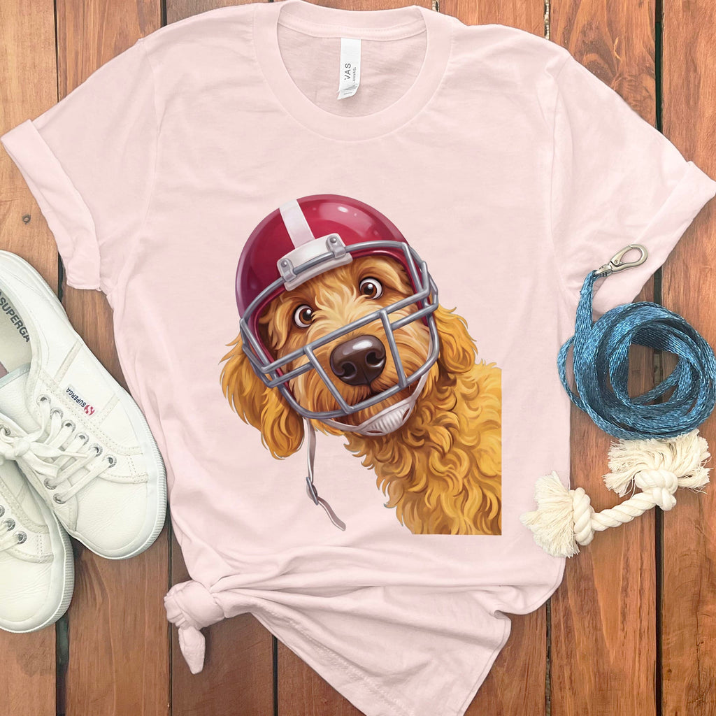 Golden Goldendoodle Football Helmet T-Shirt in S / Soft Pink by Puppy Jo