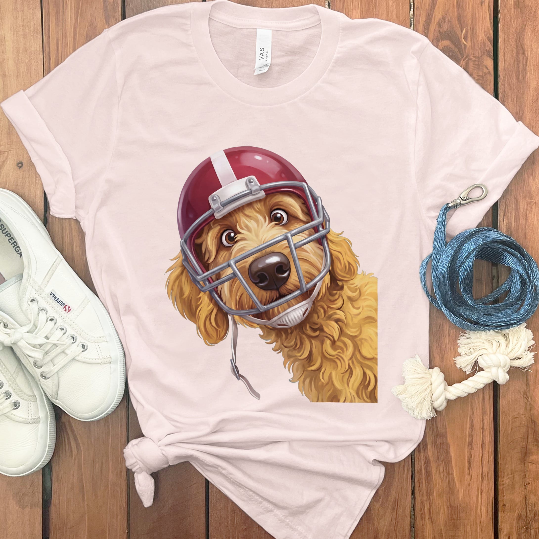Golden Goldendoodle Football Helmet T-Shirt in S / Soft Pink by Puppy Jo