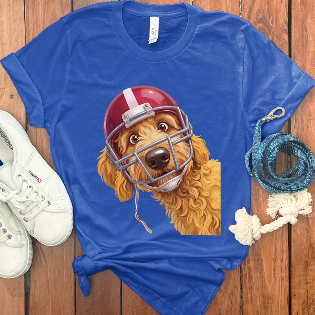 Golden Goldendoodle Football Helmet T-Shirt in S / True Royal by Puppy Jo